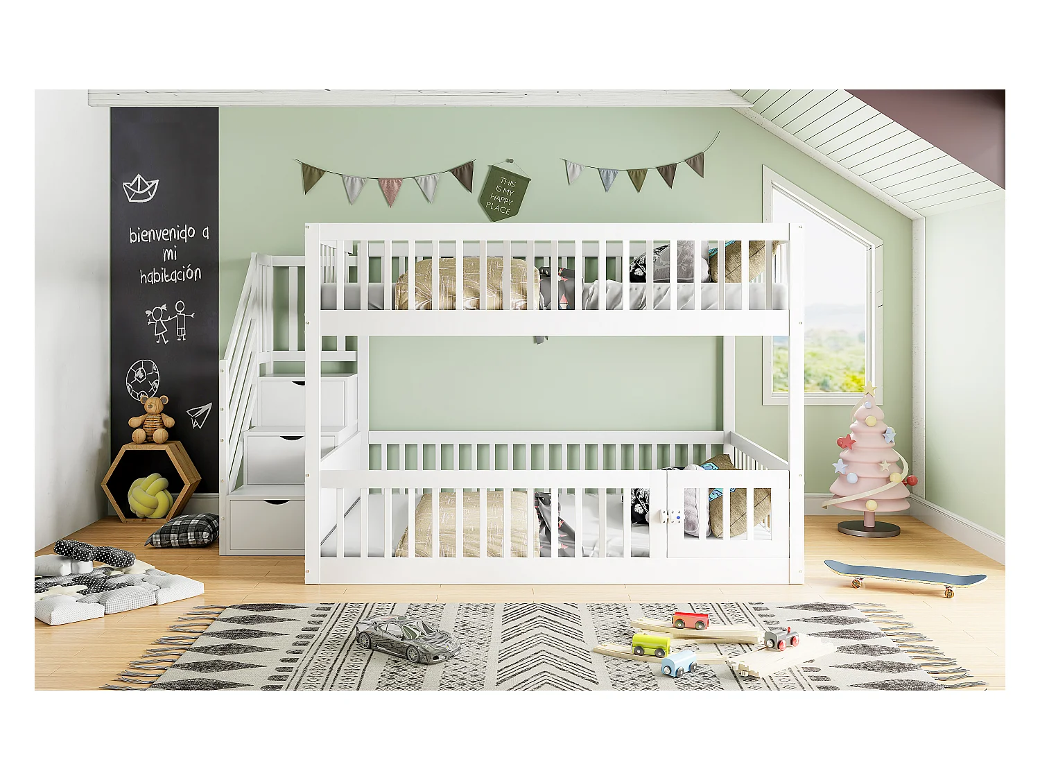 Lit superposés enfant - 2 x 140 x 200 - avec escalier de rangement + barrières - bois - blanc