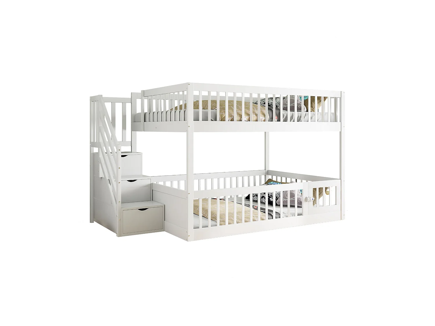 Lit superposés enfant - 2 x 140 x 200 - avec escalier de rangement + barrières - bois - blanc