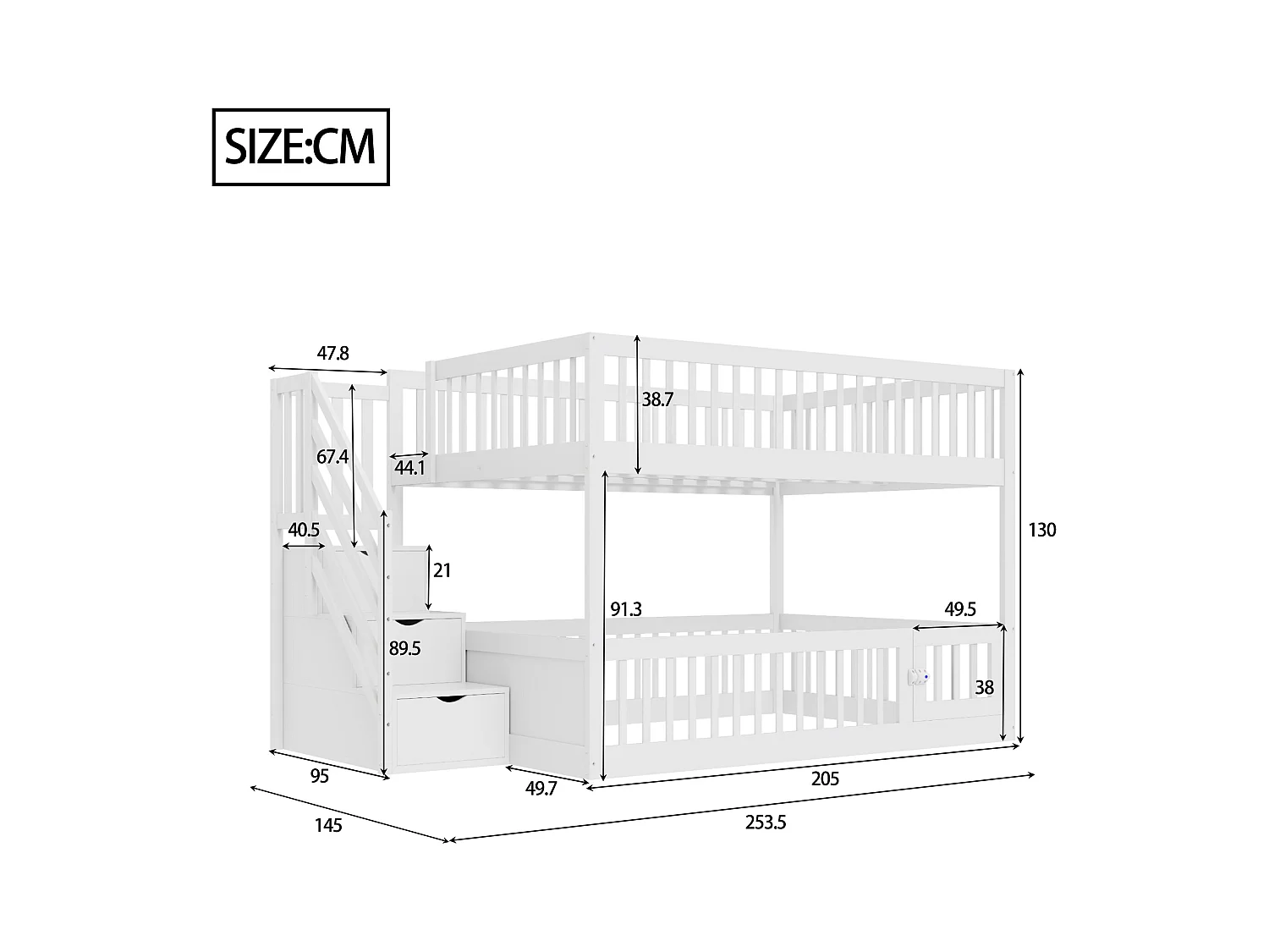 Lit superposés enfant - 2 x 140 x 200 - avec escalier de rangement + barrières - bois - blanc
