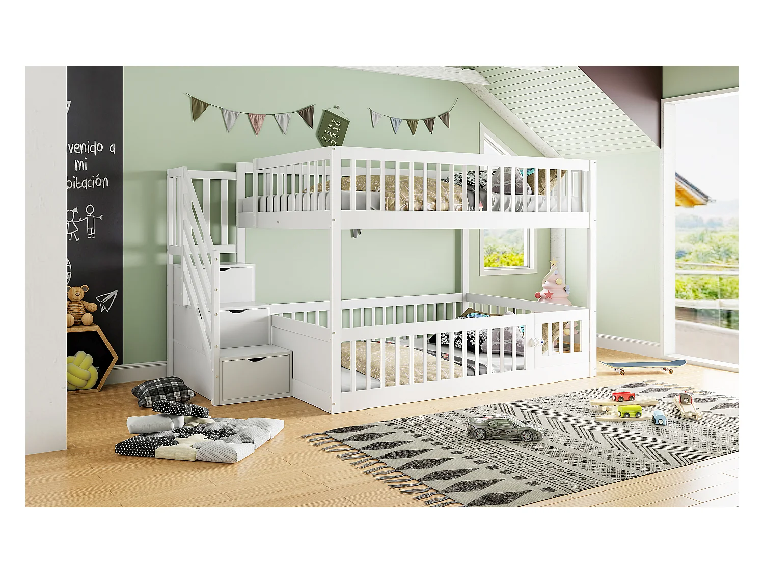 Lit superposés enfant - 2 x 140 x 200 - avec escalier de rangement + barrières - bois - blanc