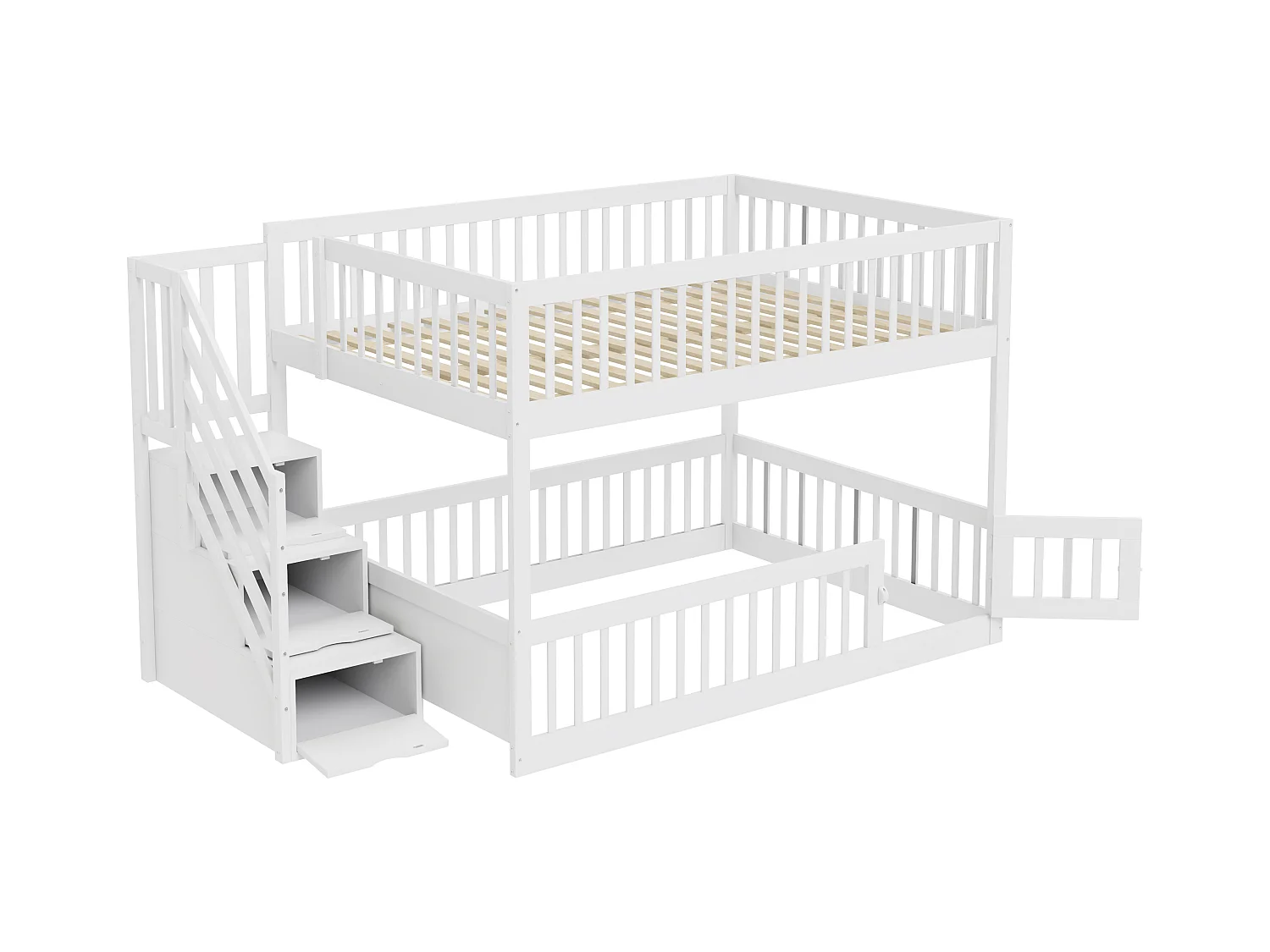 Lit superposés enfant - 2 x 140 x 200 - avec escalier de rangement + barrières - bois - blanc
