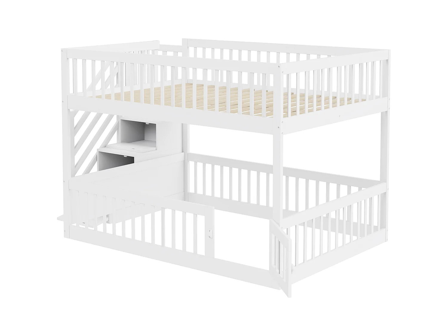 Lit superposés enfant - 2 x 140 x 200 - avec escalier de rangement + barrières - bois - blanc