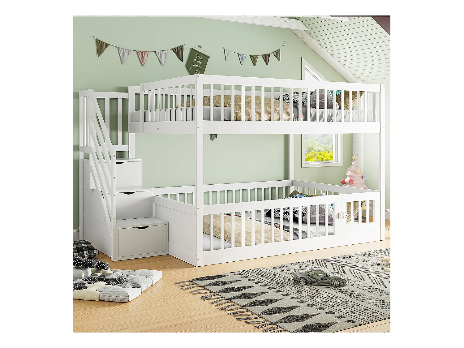 Lit superposés enfant - 2 x 140 x 200 - avec escalier de rangement + barrières - bois - blanc
