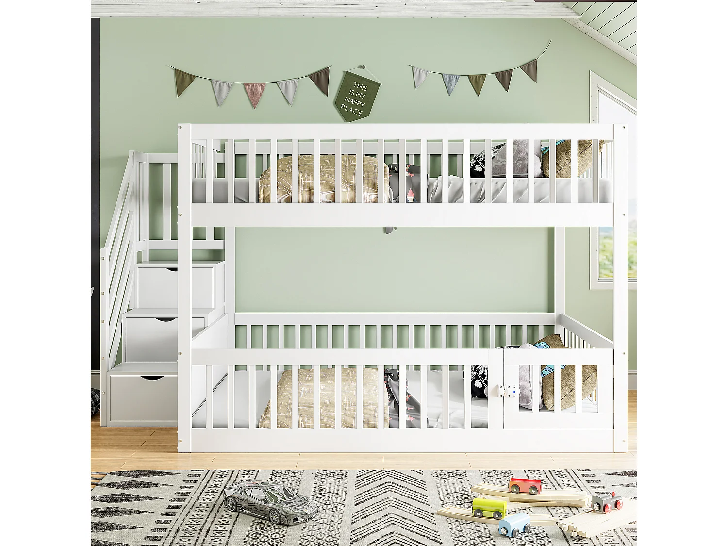 Beliche infantil - 2 x 140 x 200 - com escada de armazenamento + barreiras - madeira - branco