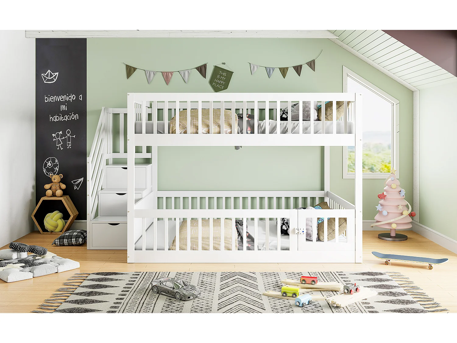 Beliche infantil - 2 x 140 x 200 - com escada de armazenamento + barreiras - madeira - branco