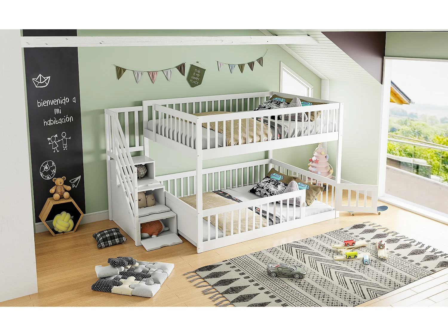 Beliche infantil - 2 x 140 x 200 - com escada de armazenamento + barreiras - madeira - branco