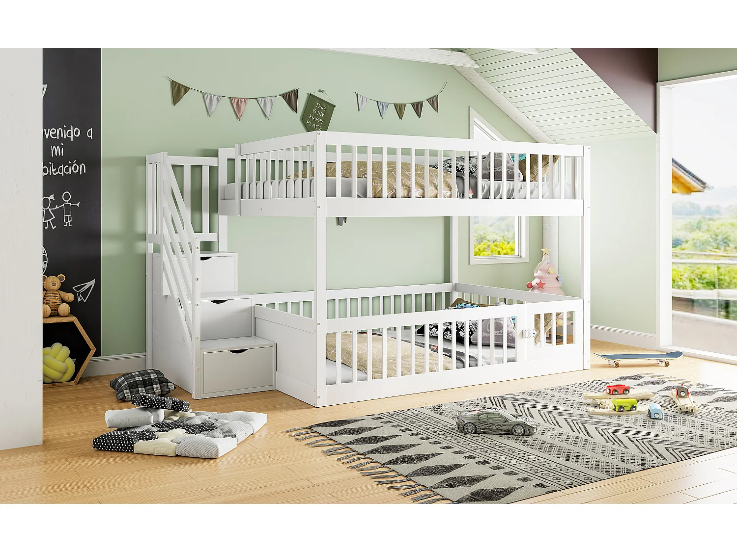 Beliche infantil - 2 x 140 x 200 - com escada de armazenamento + barreiras - madeira - branco