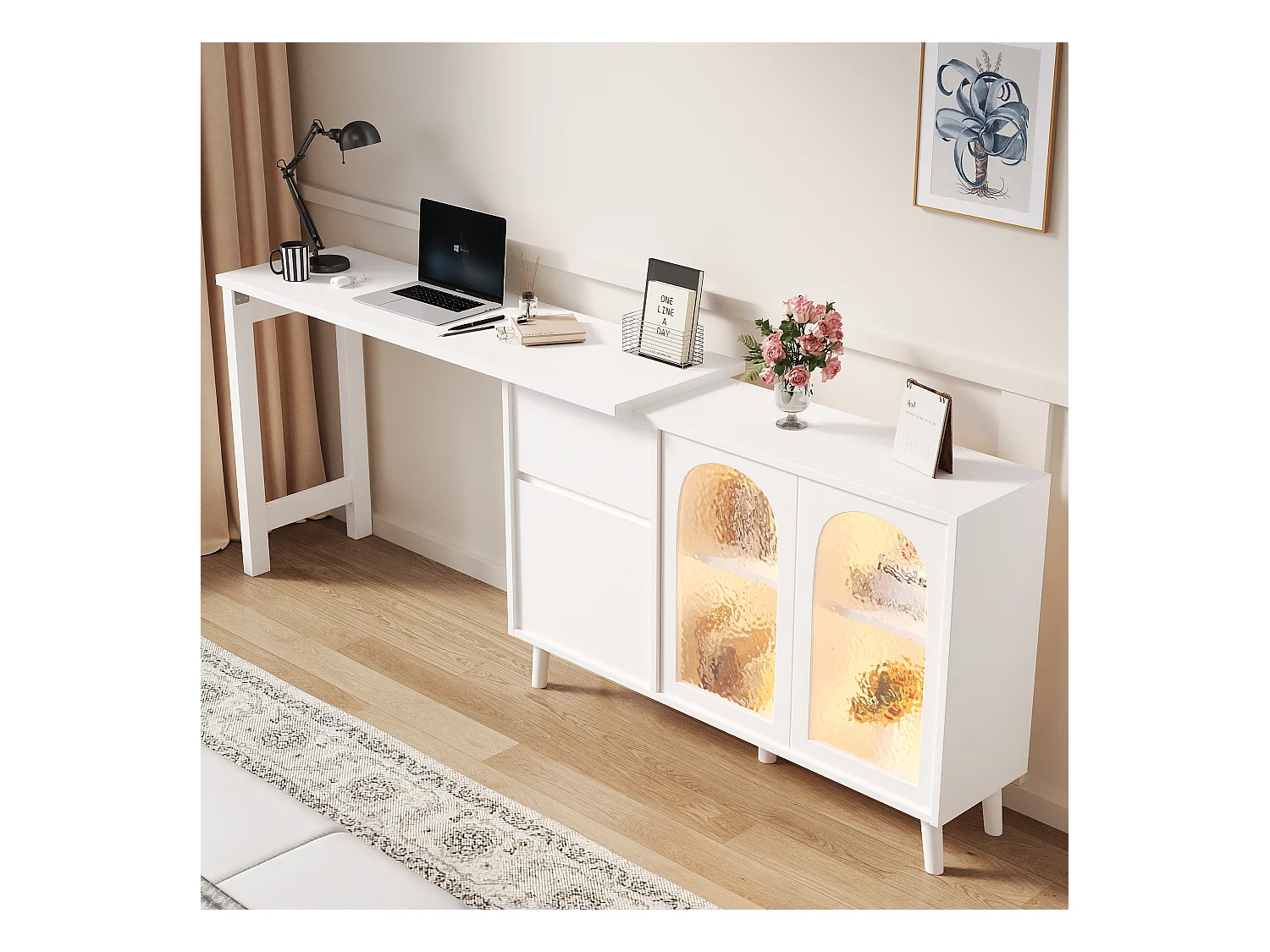 Bureau et buffet 2 en 1 avec Leds - 120 x 40 x 78 cm - rotatif à 360° - avec portes - aggloméré - blanc