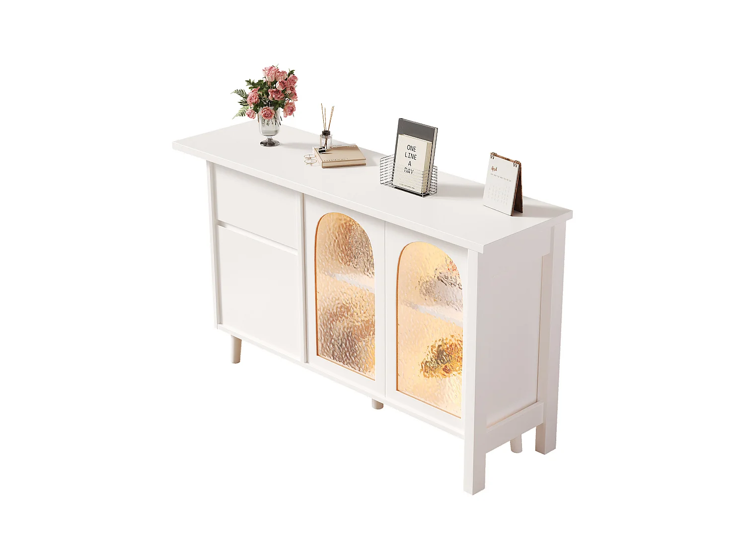 Bureau et buffet 2 en 1 avec Leds - 120 x 40 x 78 cm - rotatif à 360° - avec portes - aggloméré - blanc