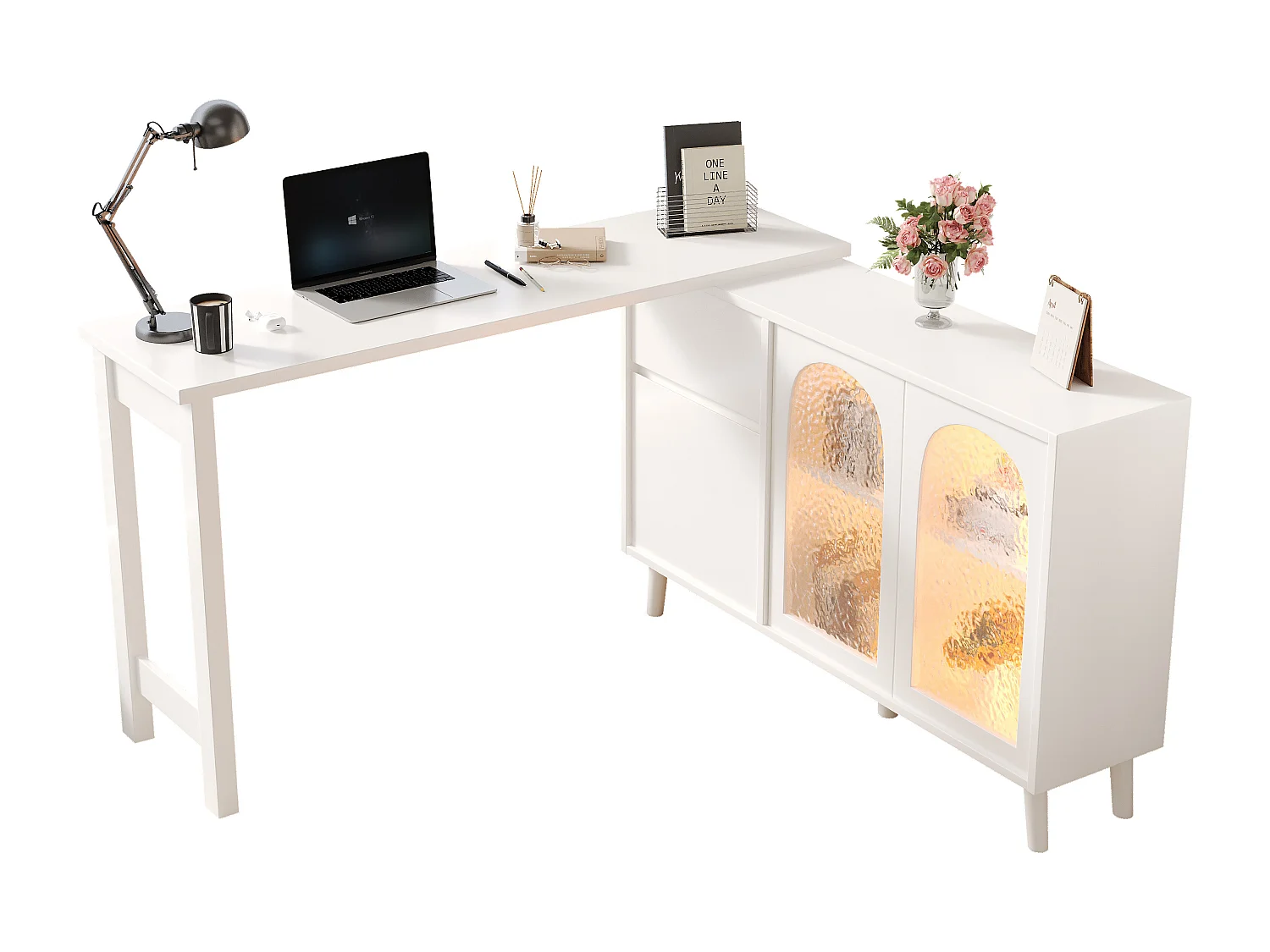 Bureau et buffet 2 en 1 avec Leds - 120 x 40 x 78 cm - rotatif à 360° - avec portes - aggloméré - blanc