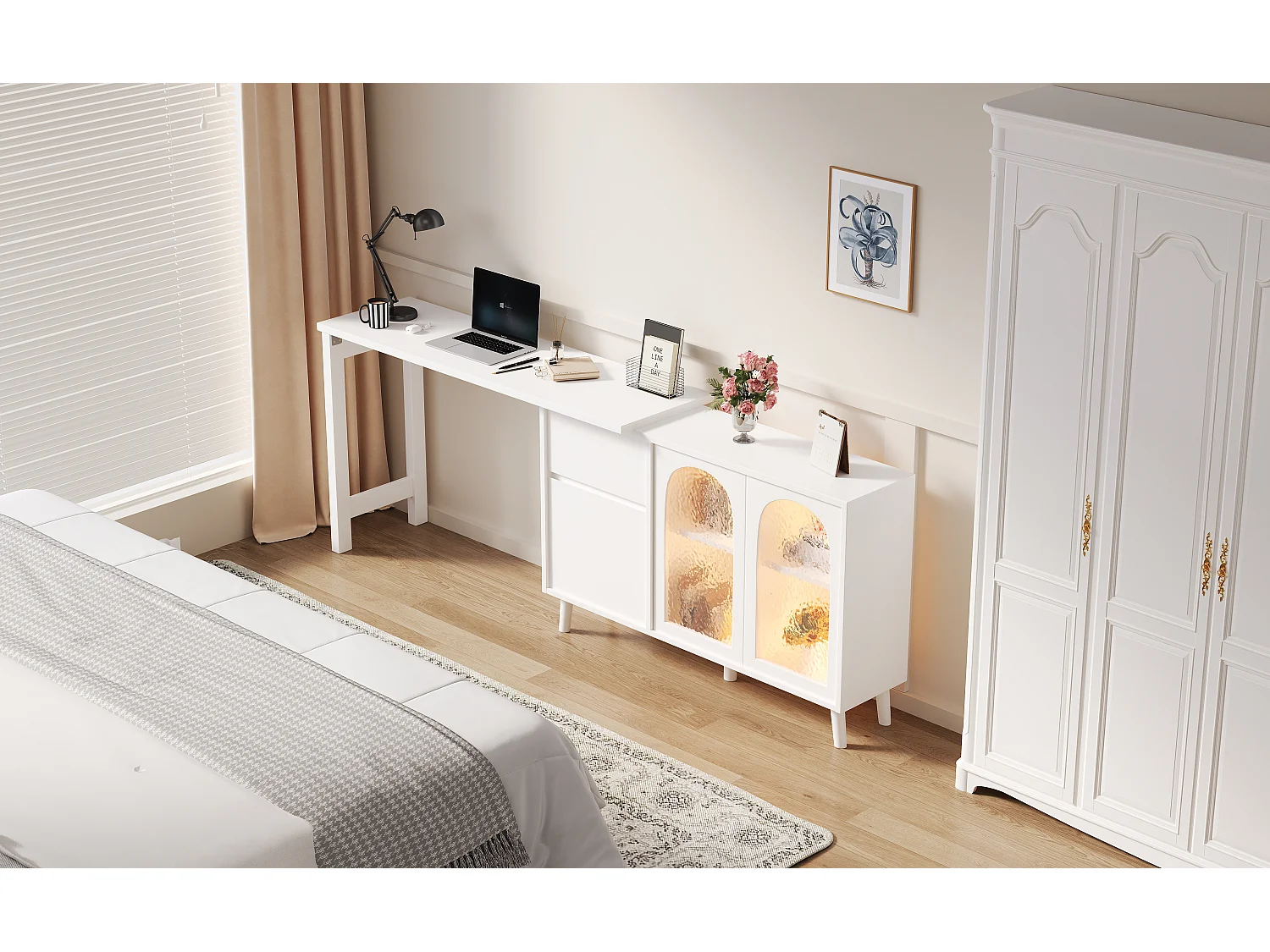 Bureau et buffet 2 en 1 avec Leds - 120 x 40 x 78 cm - rotatif à 360° - avec portes - aggloméré - blanc