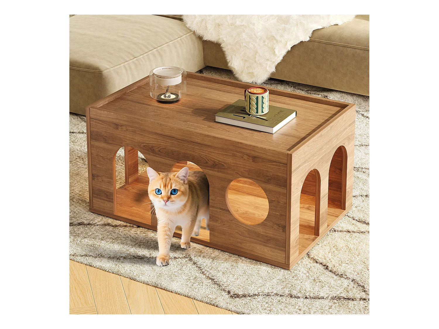 Table basse en noyer - 80 x 50 x 40 cm - avec trous pour chats - MDF - naturel