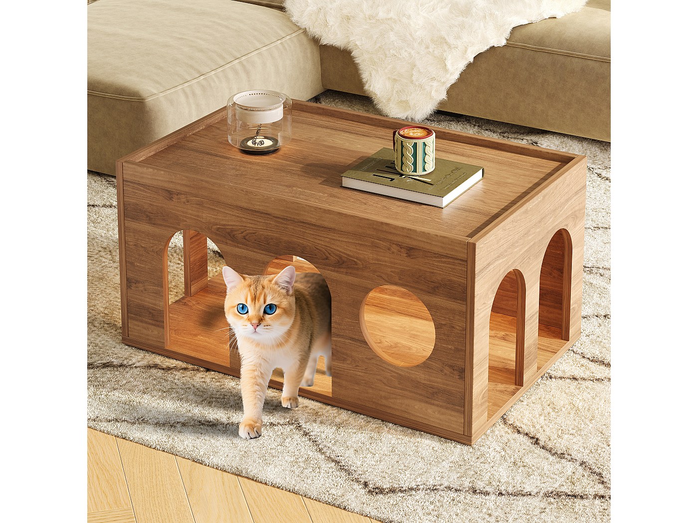 Table basse en noyer - 80 x 50 x 40 cm - avec trous pour chats - MDF ...
