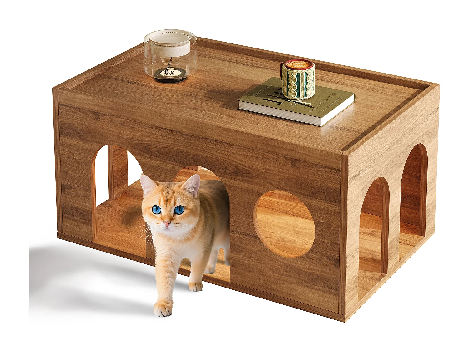 Mesa de centro de nogal - 80 x 50 x 40 cm - con huecos para gatos - MDF - natural