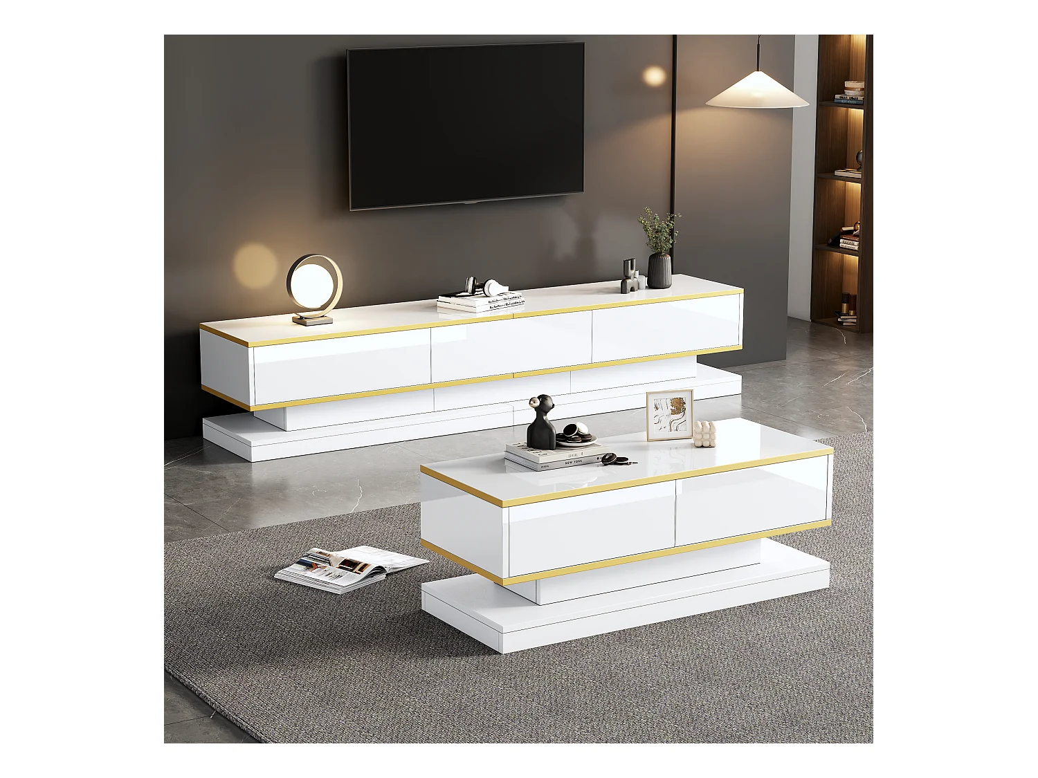 TV-meubel + salontafelset - glanzend - TV-meubel met 3 lades + tafel met 2 lades - spaanplaat - wit