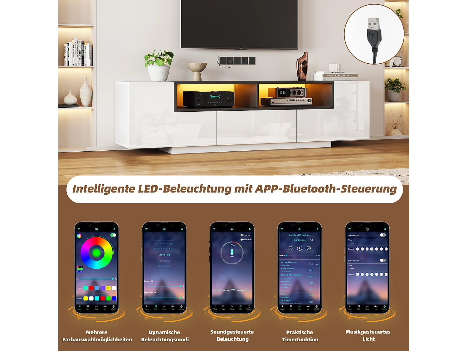 Móvel de TV brilhante - 180 x 40 x 48 cm - com LEDs + 1 gaveta + 2 portas - aglomerado - branco