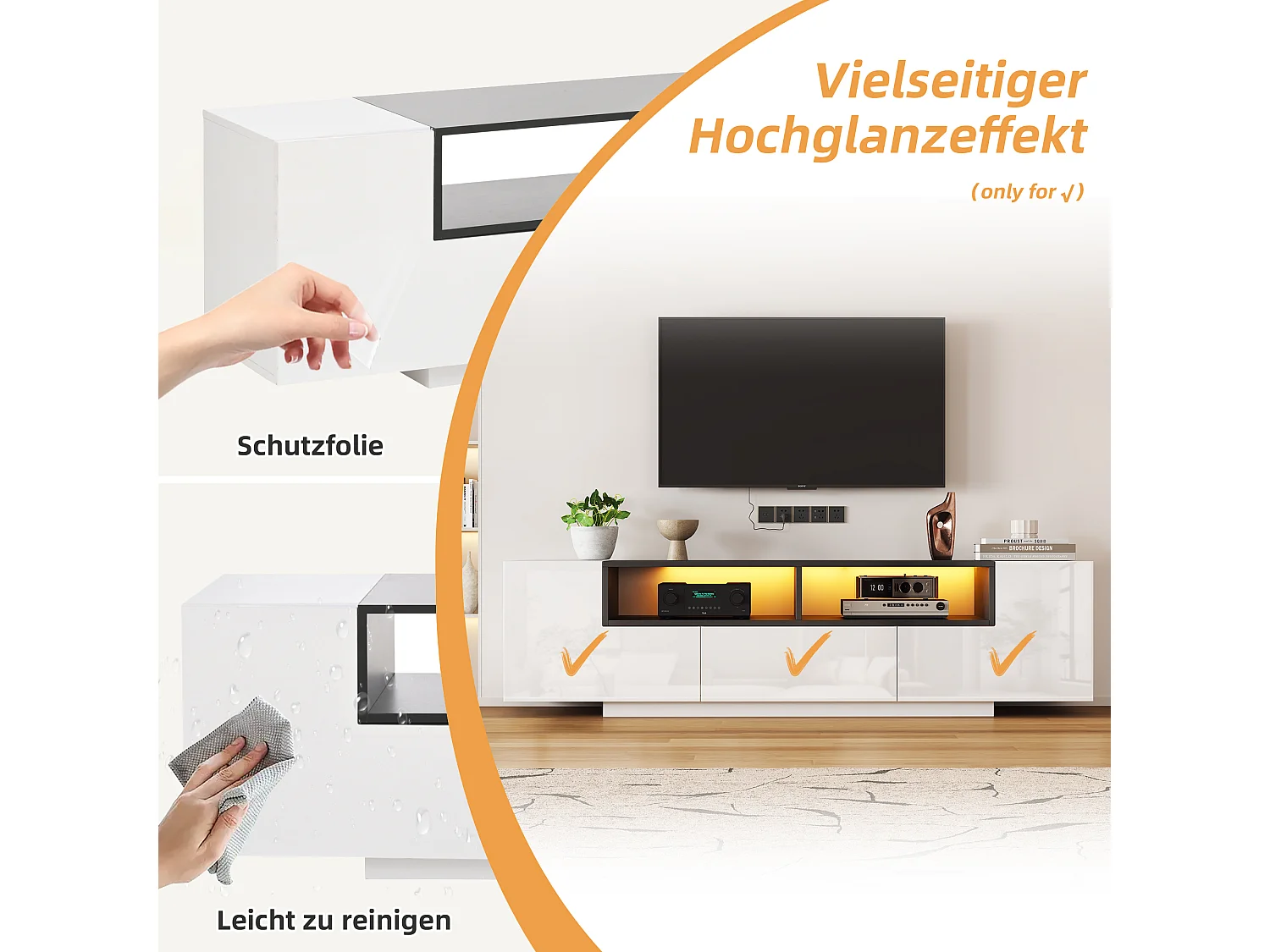 Móvel de TV brilhante - 180 x 40 x 48 cm - com LEDs + 1 gaveta + 2 portas - aglomerado - branco