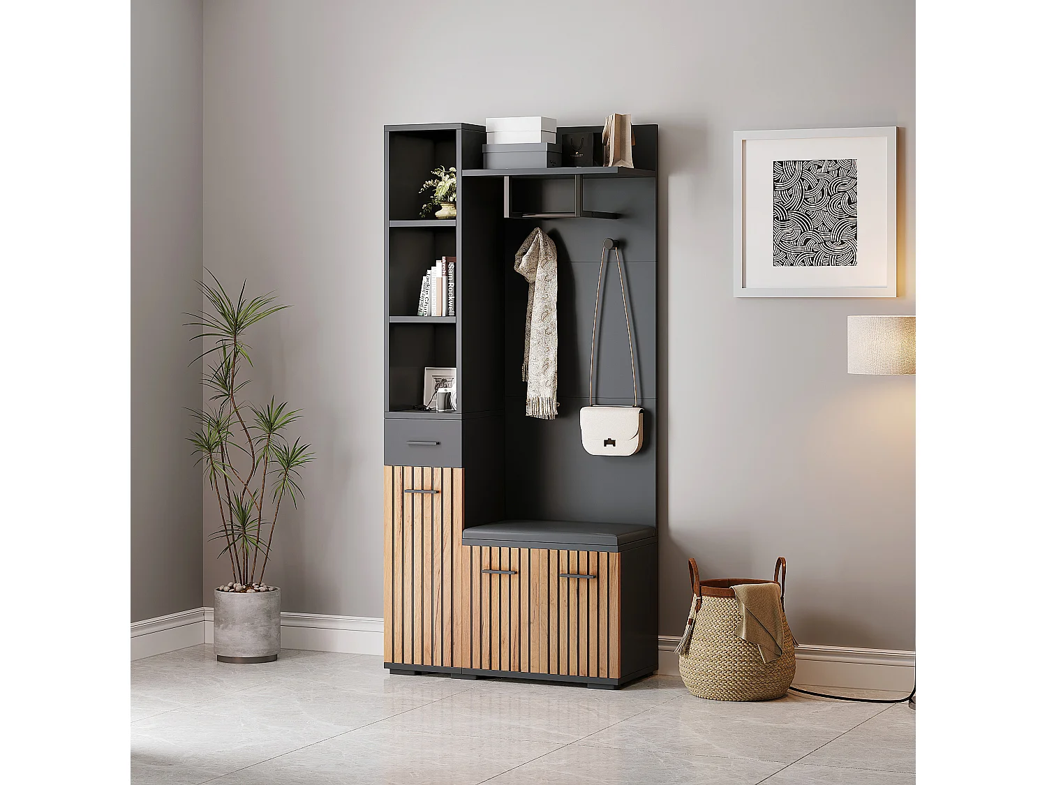 Garderoba z 2 wieszakami - 80 x 35 x 175 cm - z ławką na buty + szafą + 1 szufladą - płyta wiórowa - czarna