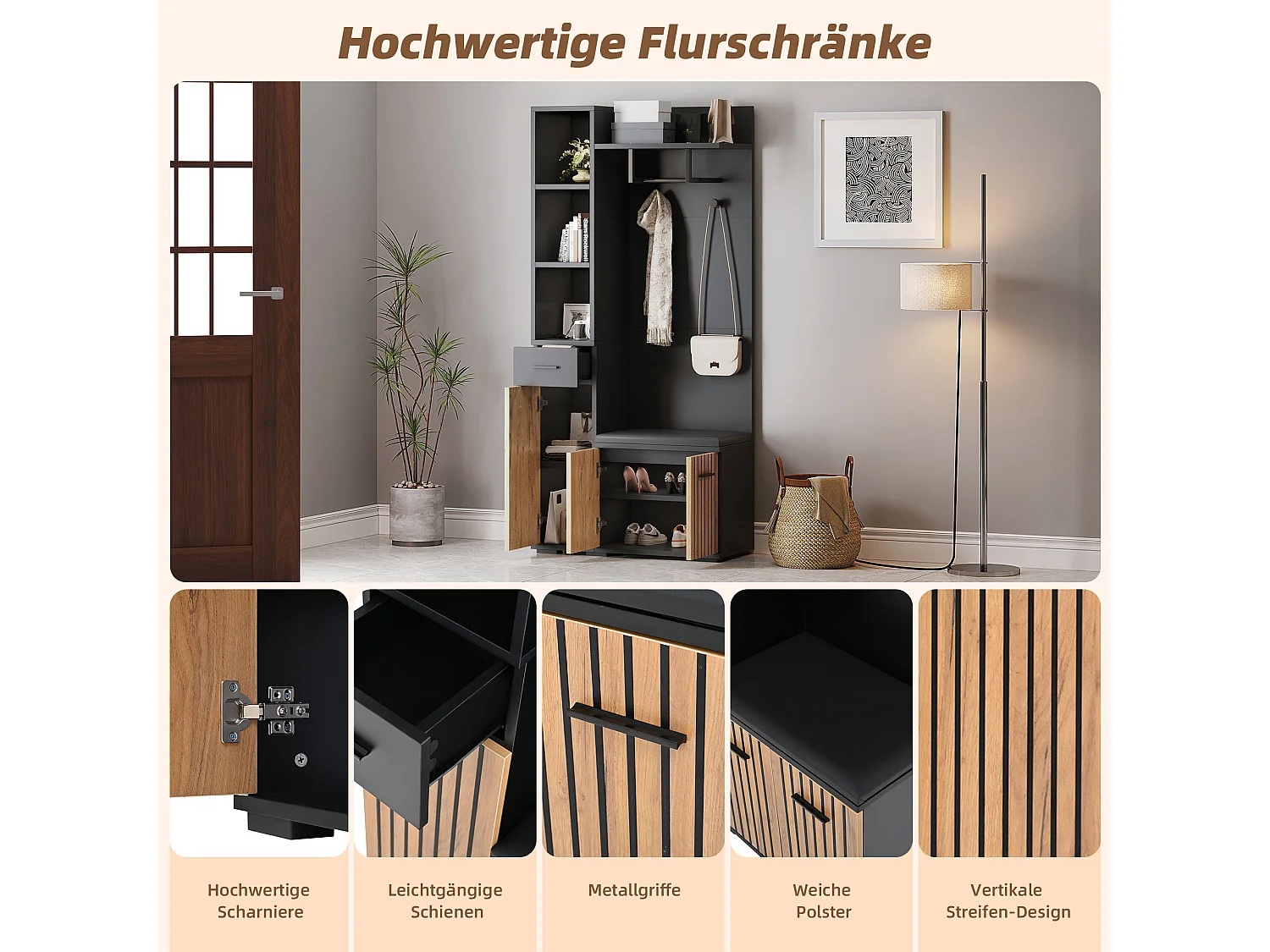 Garderoba z 2 wieszakami - 80 x 35 x 175 cm - z ławką na buty + szafą + 1 szufladą - płyta wiórowa - czarna