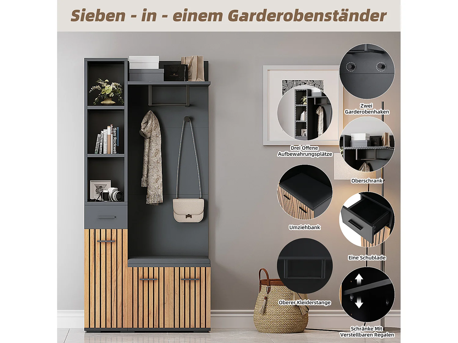 Garderoba z 2 wieszakami - 80 x 35 x 175 cm - z ławką na buty + szafą + 1 szufladą - płyta wiórowa - czarna