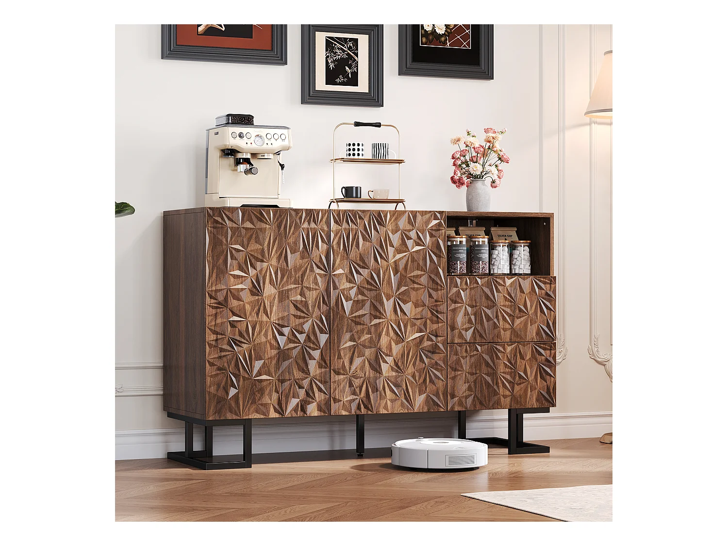 Buffet vintage - 120 x 40 x 78.5 cm - avec relief de feuilles + 2 portes + 2 tiroirs - MDF - marron