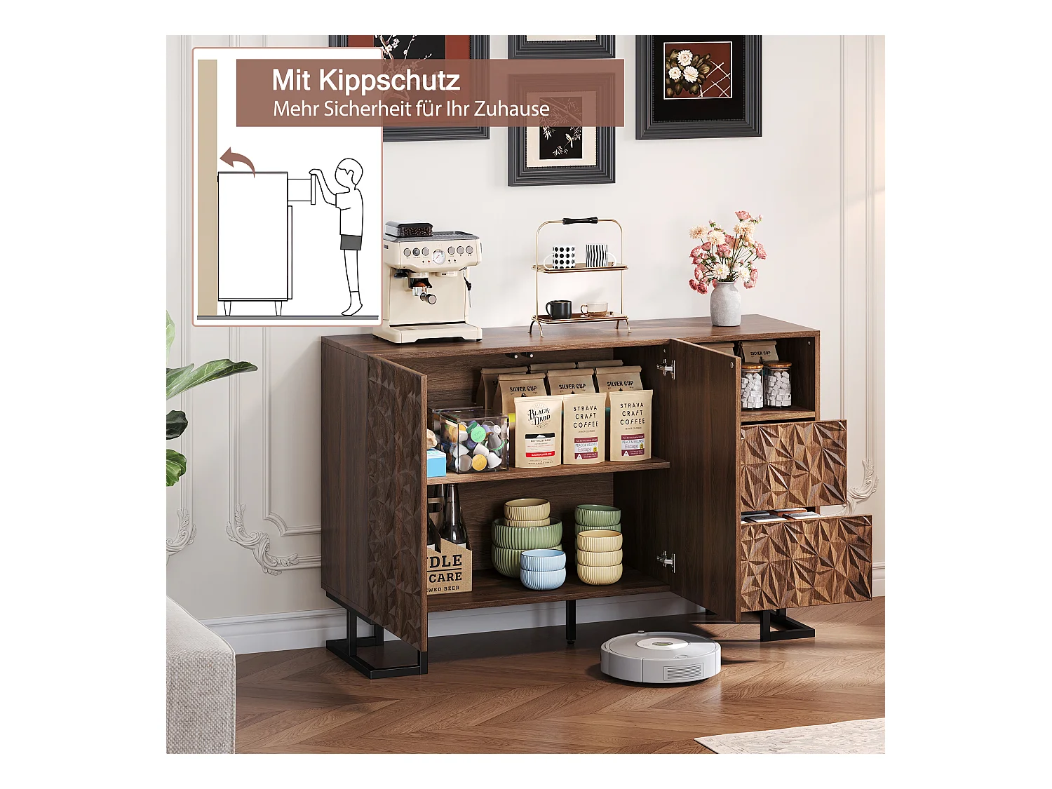 Buffet vintage - 120 x 40 x 78.5 cm - avec relief de feuilles + 2 portes + 2 tiroirs - MDF - marron