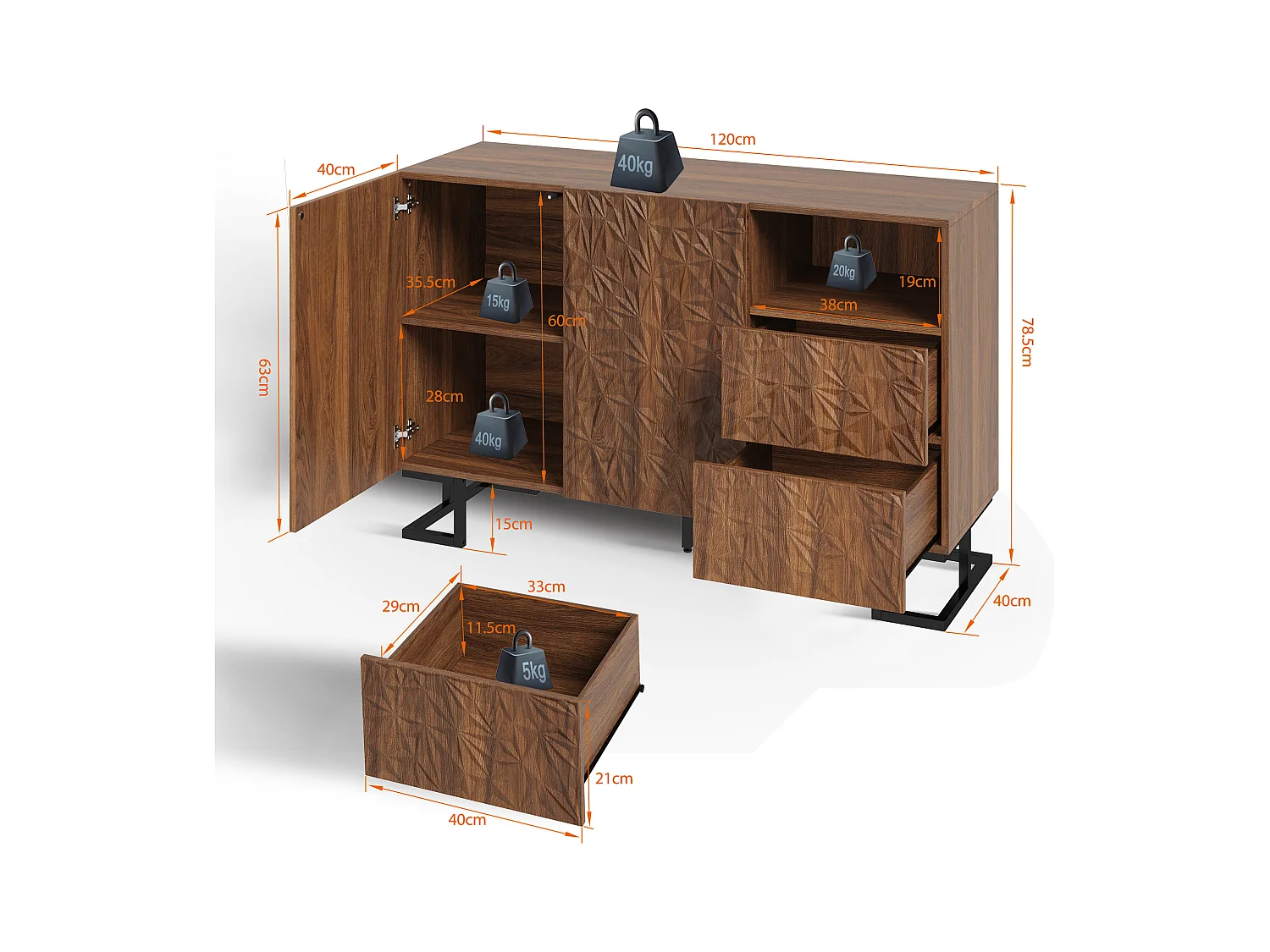 Buffet vintage - 120 x 40 x 78.5 cm - avec relief de feuilles + 2 portes + 2 tiroirs - MDF - marron