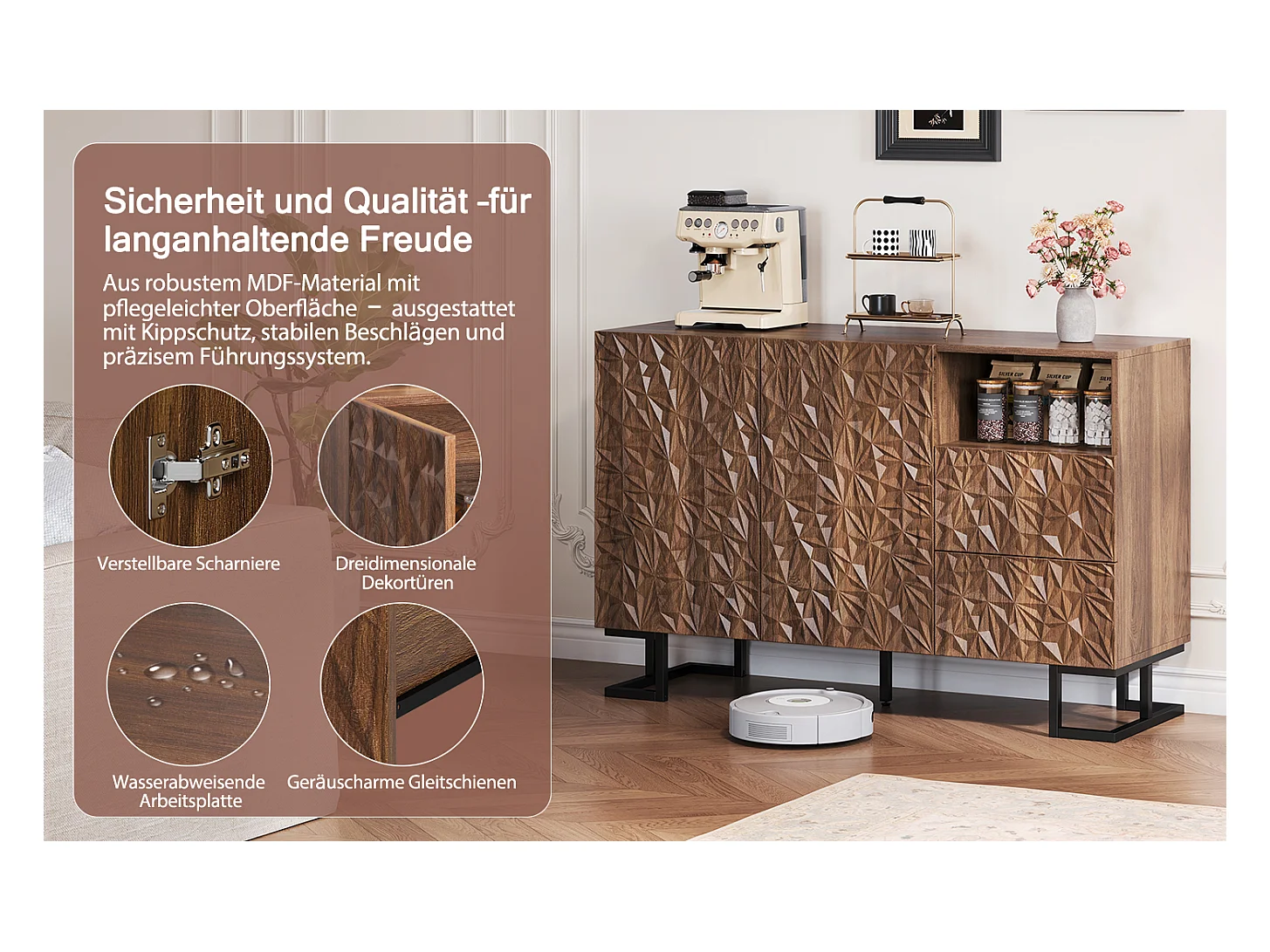 Buffet vintage - 120 x 40 x 78.5 cm - avec relief de feuilles + 2 portes + 2 tiroirs - MDF - marron