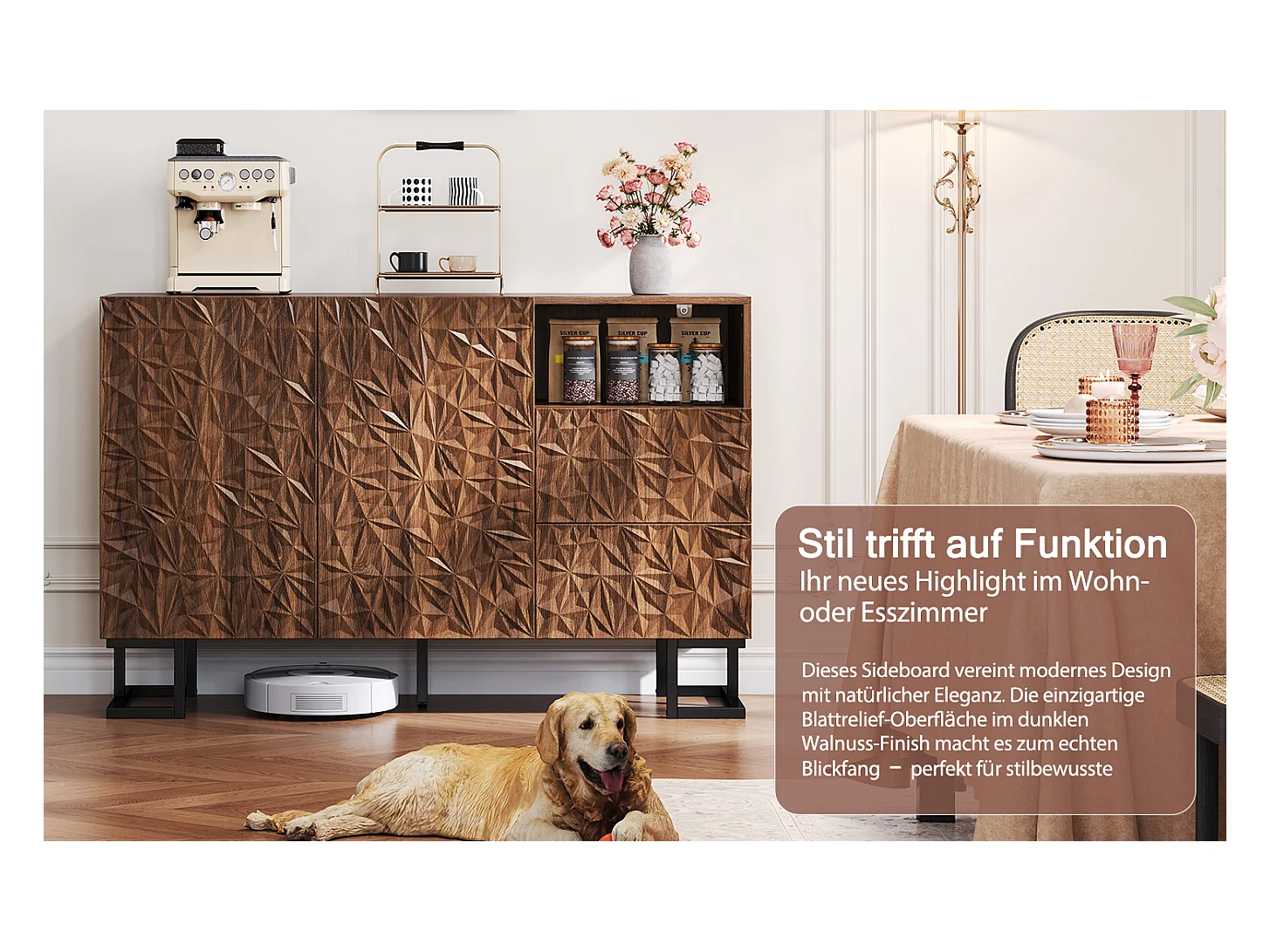 Buffet vintage - 120 x 40 x 78.5 cm - avec relief de feuilles + 2 portes + 2 tiroirs - MDF - marron