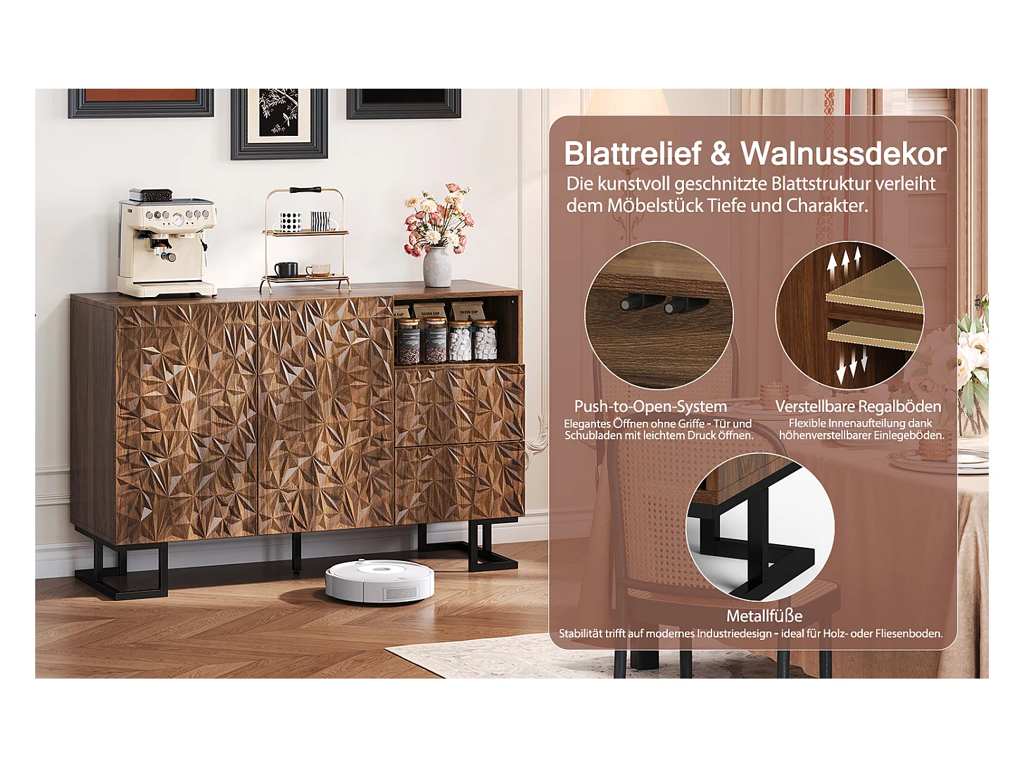 Buffet vintage - 120 x 40 x 78.5 cm - avec relief de feuilles + 2 portes + 2 tiroirs - MDF - marron