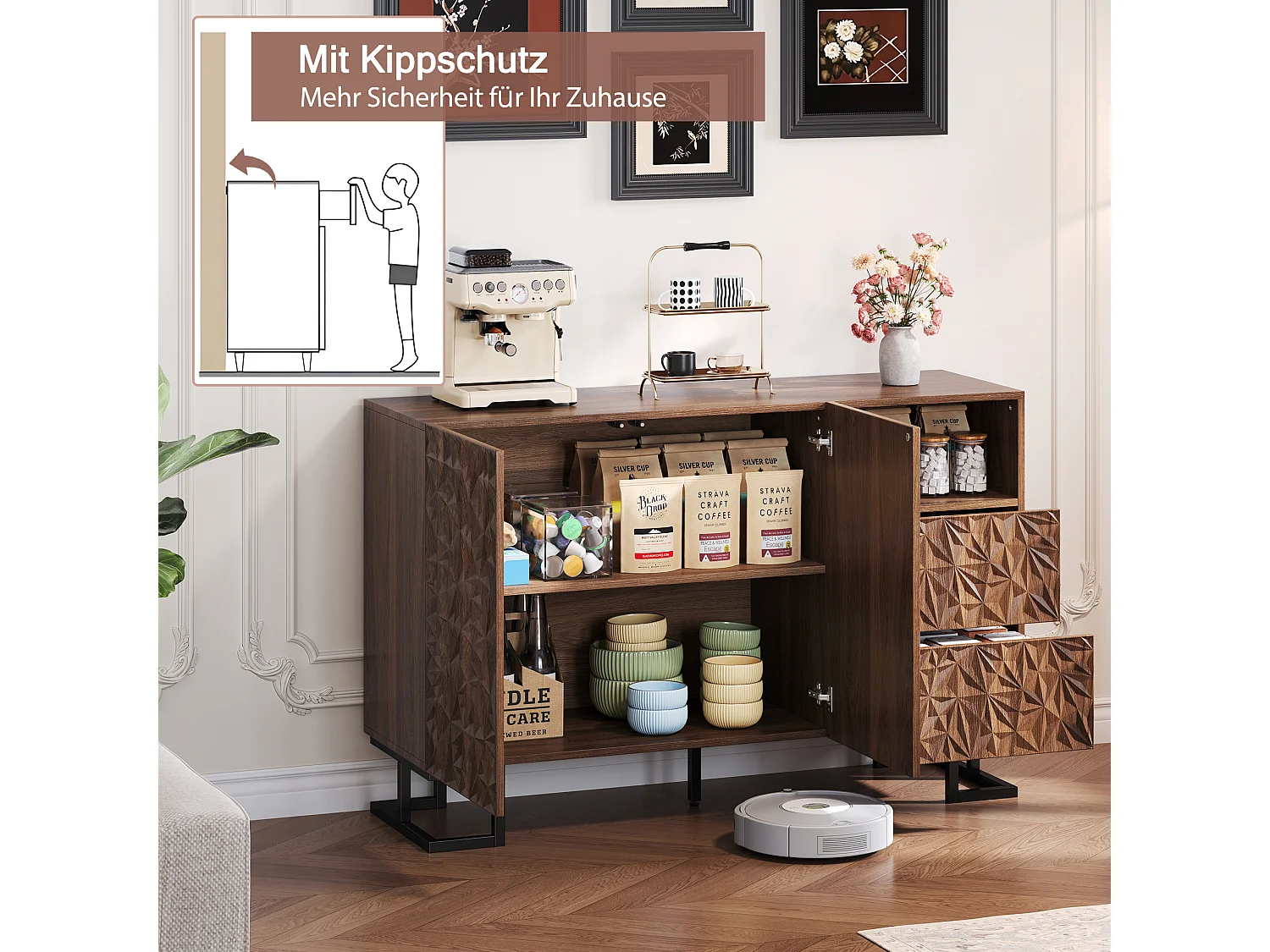 Buffet vintage - 120 x 40 x 78.5 cm - avec relief de feuilles + 2 portes + 2 tiroirs - MDF - marron