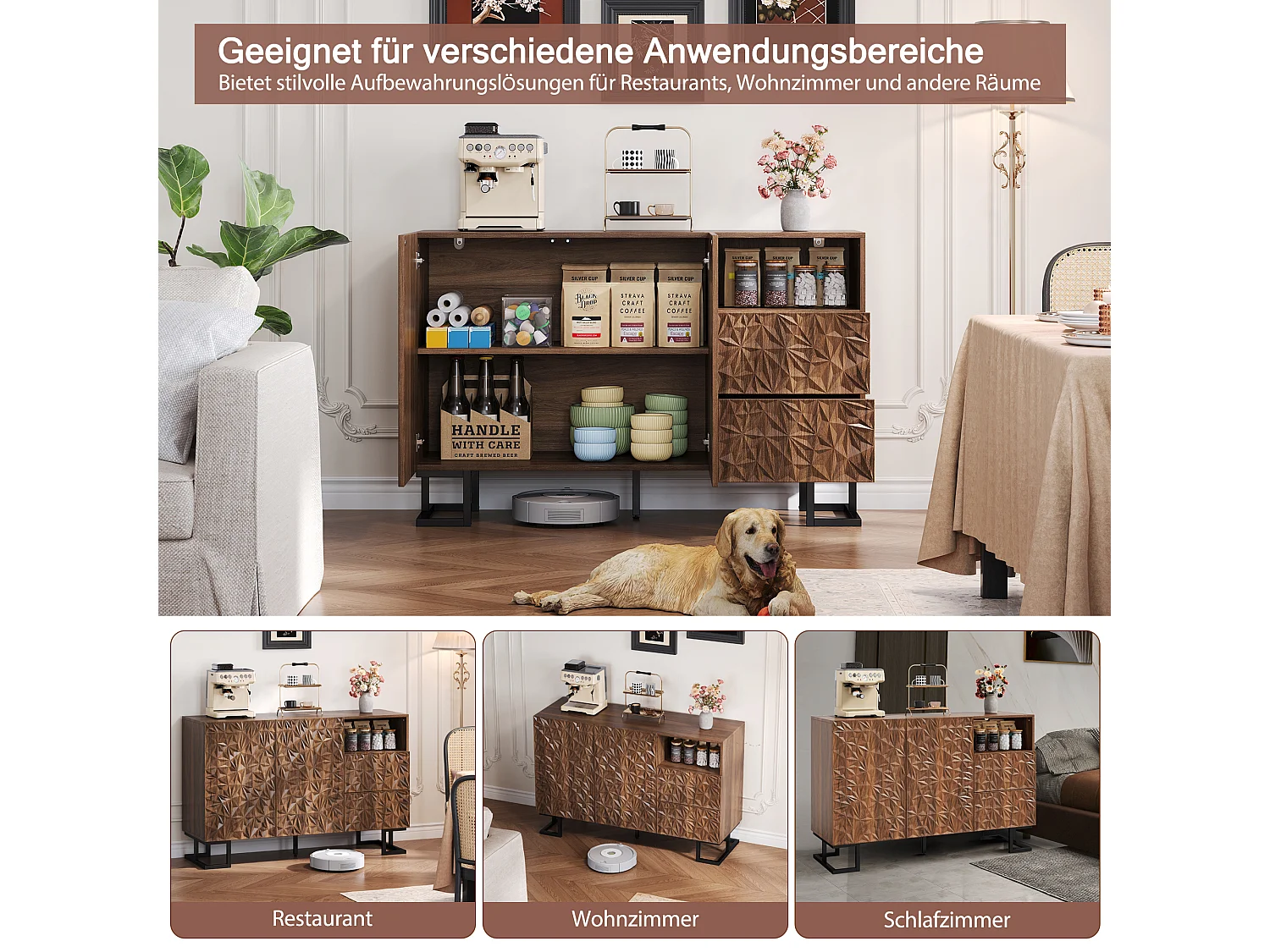 Buffet vintage - 120 x 40 x 78.5 cm - avec relief de feuilles + 2 portes + 2 tiroirs - MDF - marron