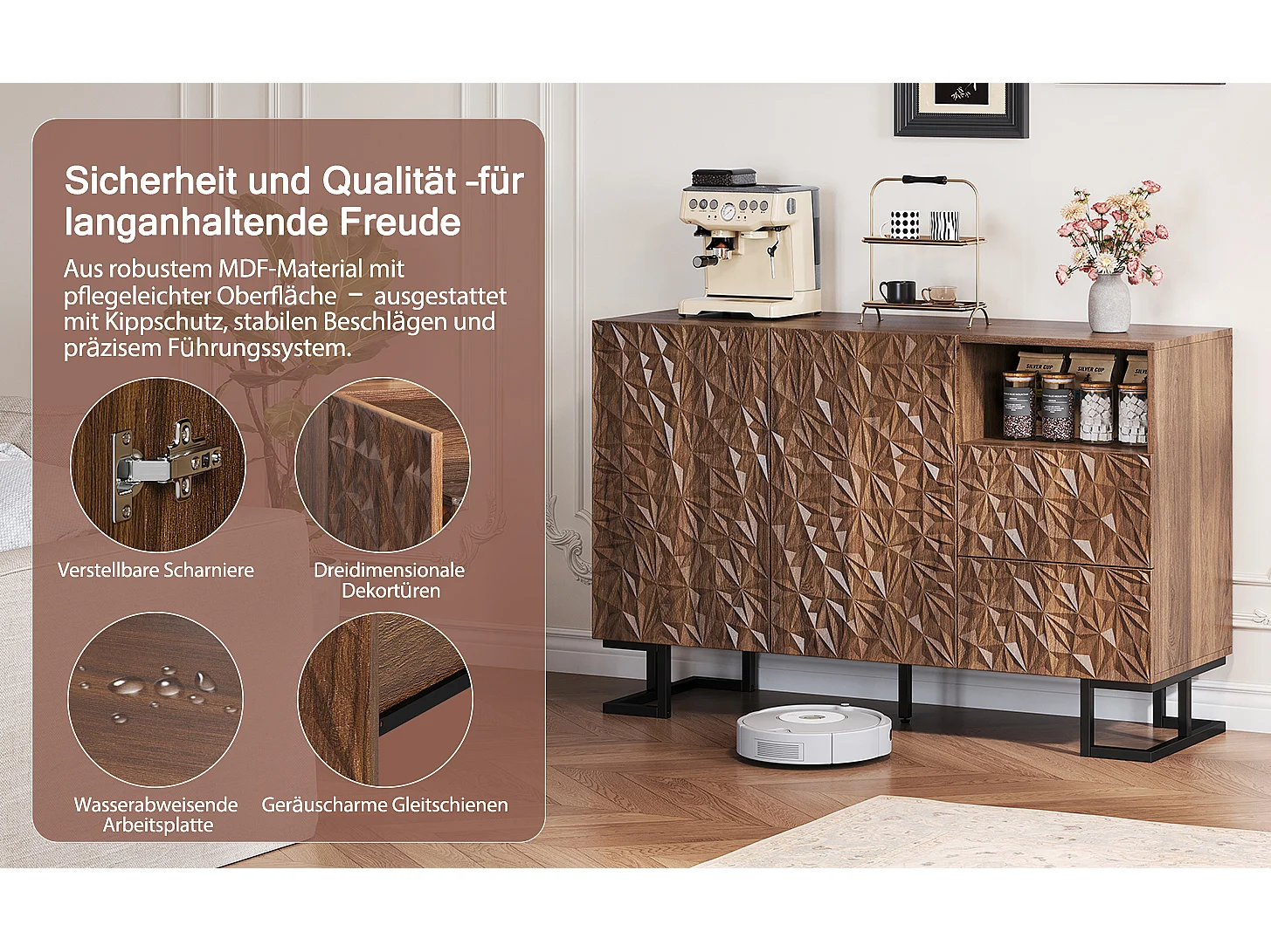 Buffet vintage - 120 x 40 x 78.5 cm - avec relief de feuilles + 2 portes + 2 tiroirs - MDF - marron