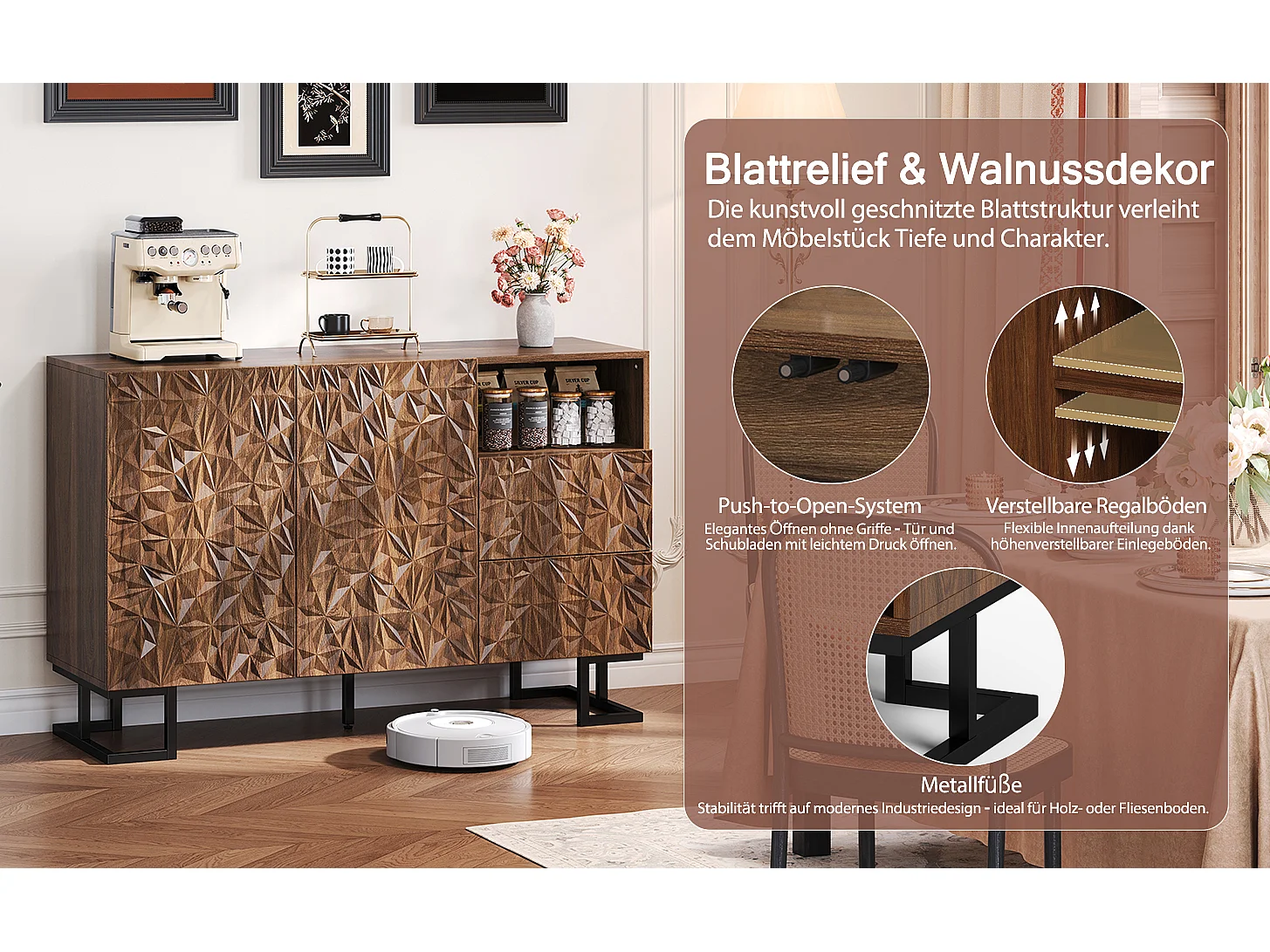 Buffet vintage - 120 x 40 x 78.5 cm - avec relief de feuilles + 2 portes + 2 tiroirs - MDF - marron