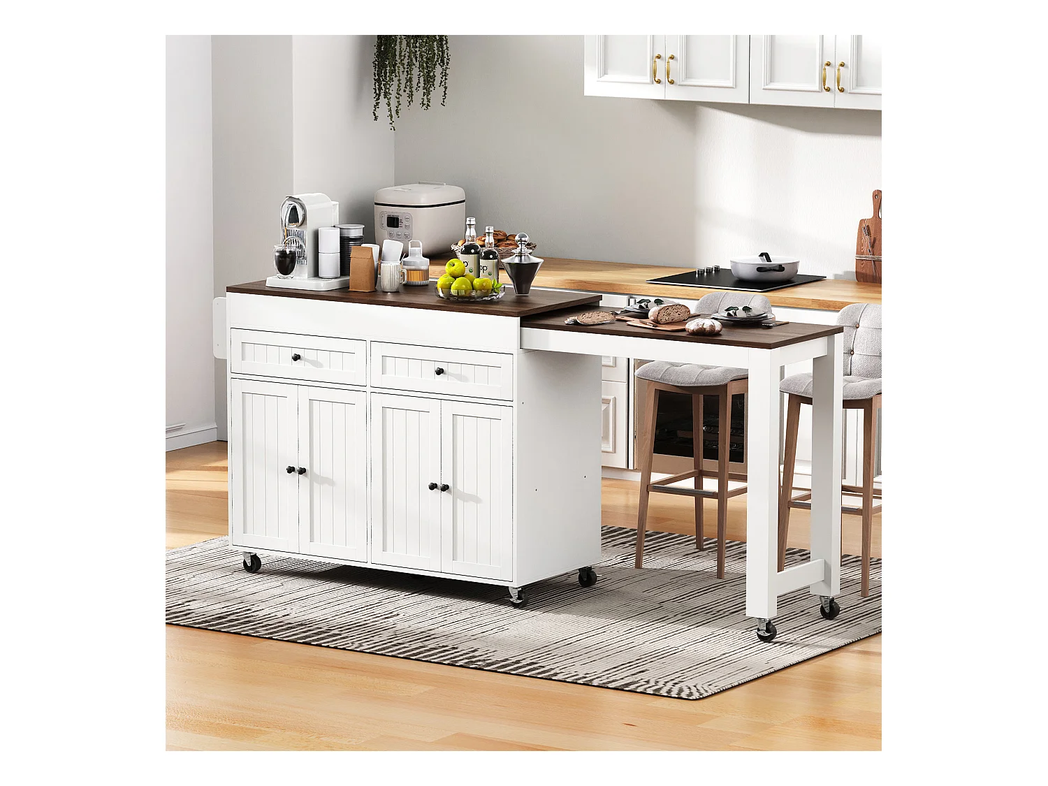 Îlot central sur roulettes - extensible avec plan de travail + 2 tiroirs - MDF - blanc + marron