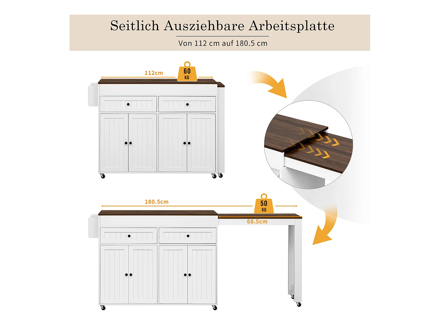 Îlot central sur roulettes - extensible avec plan de travail + 2 tiroirs - MDF - blanc + marron