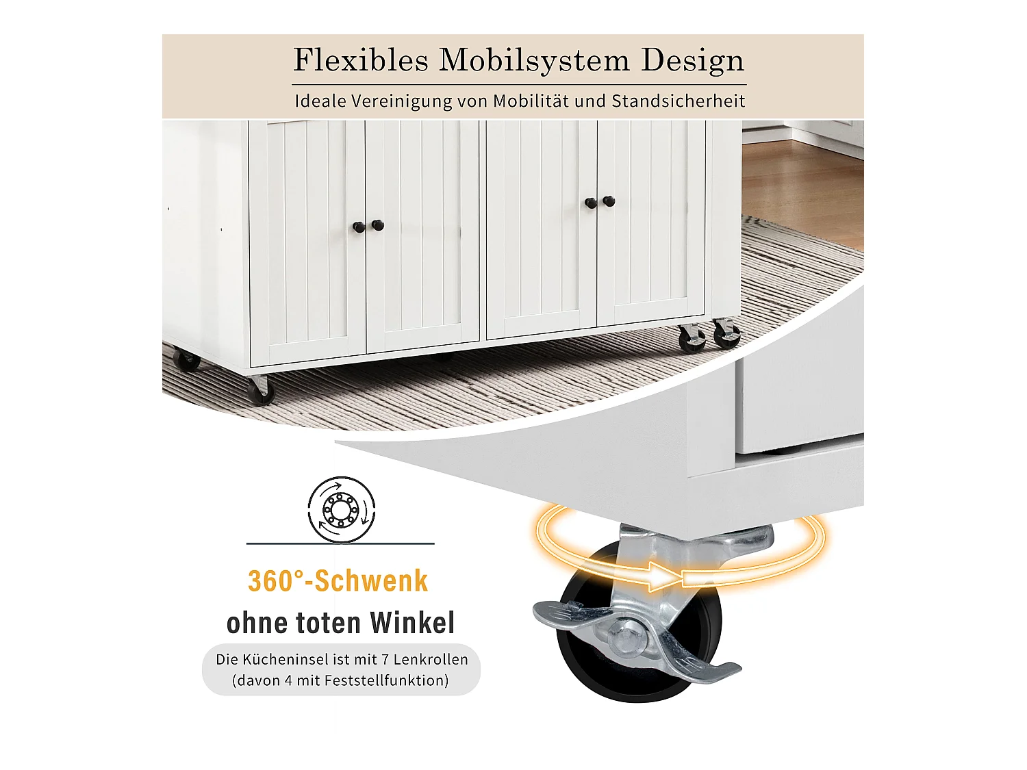 Îlot central sur roulettes - extensible avec plan de travail + 2 tiroirs - MDF - blanc + marron