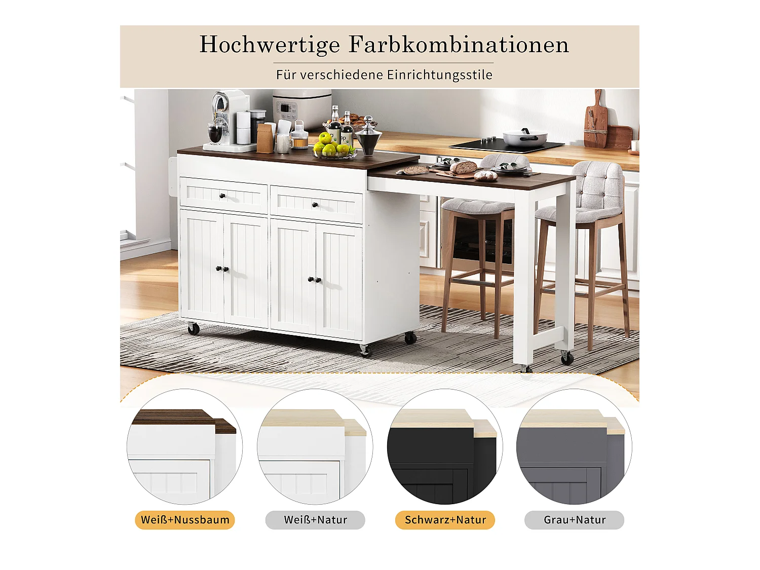 Îlot central sur roulettes - extensible avec plan de travail + 2 tiroirs - MDF - blanc + marron