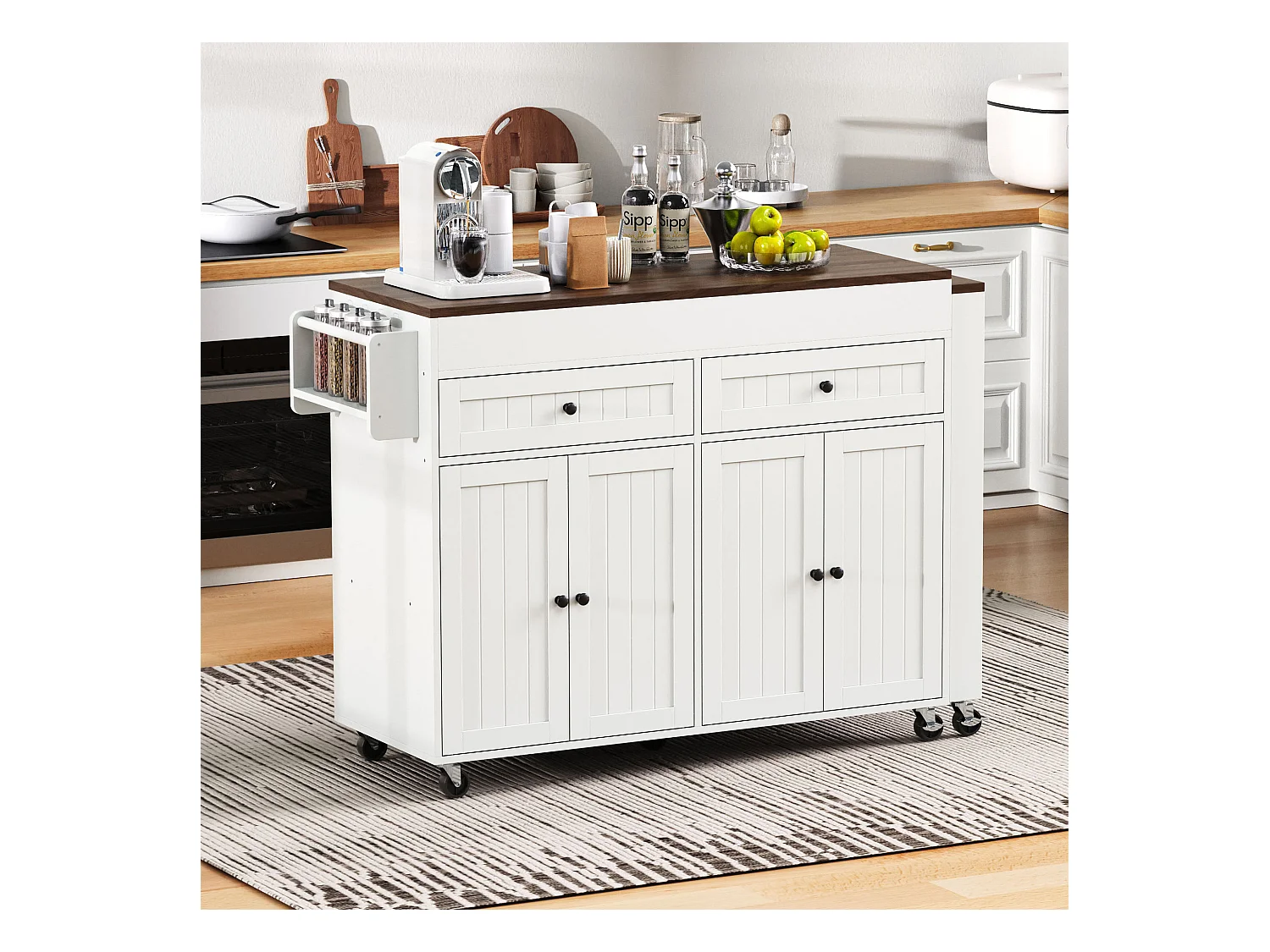 Îlot central sur roulettes - extensible avec plan de travail + 2 tiroirs - MDF - blanc + marron