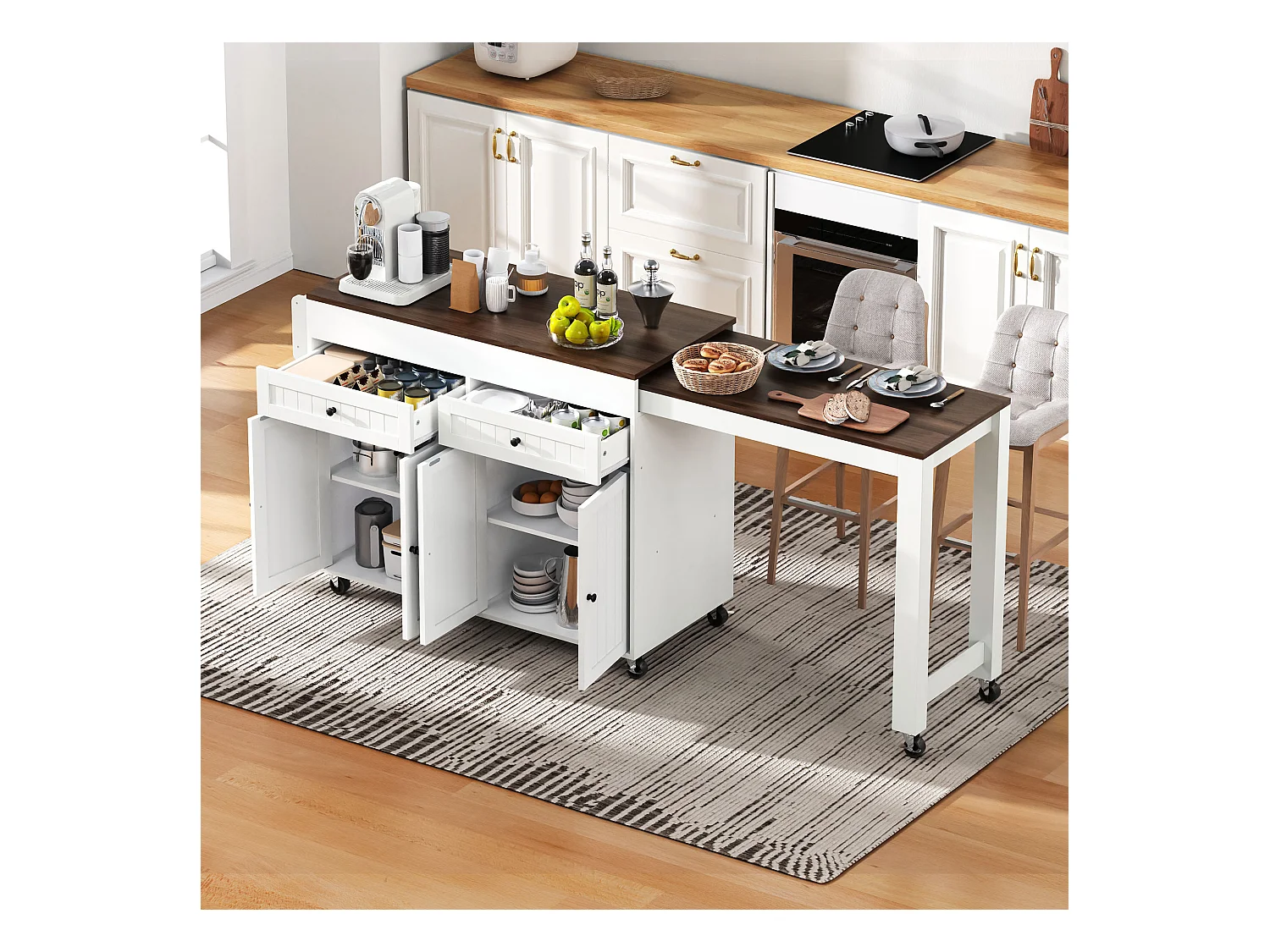 Îlot central sur roulettes - extensible avec plan de travail + 2 tiroirs - MDF - blanc + marron
