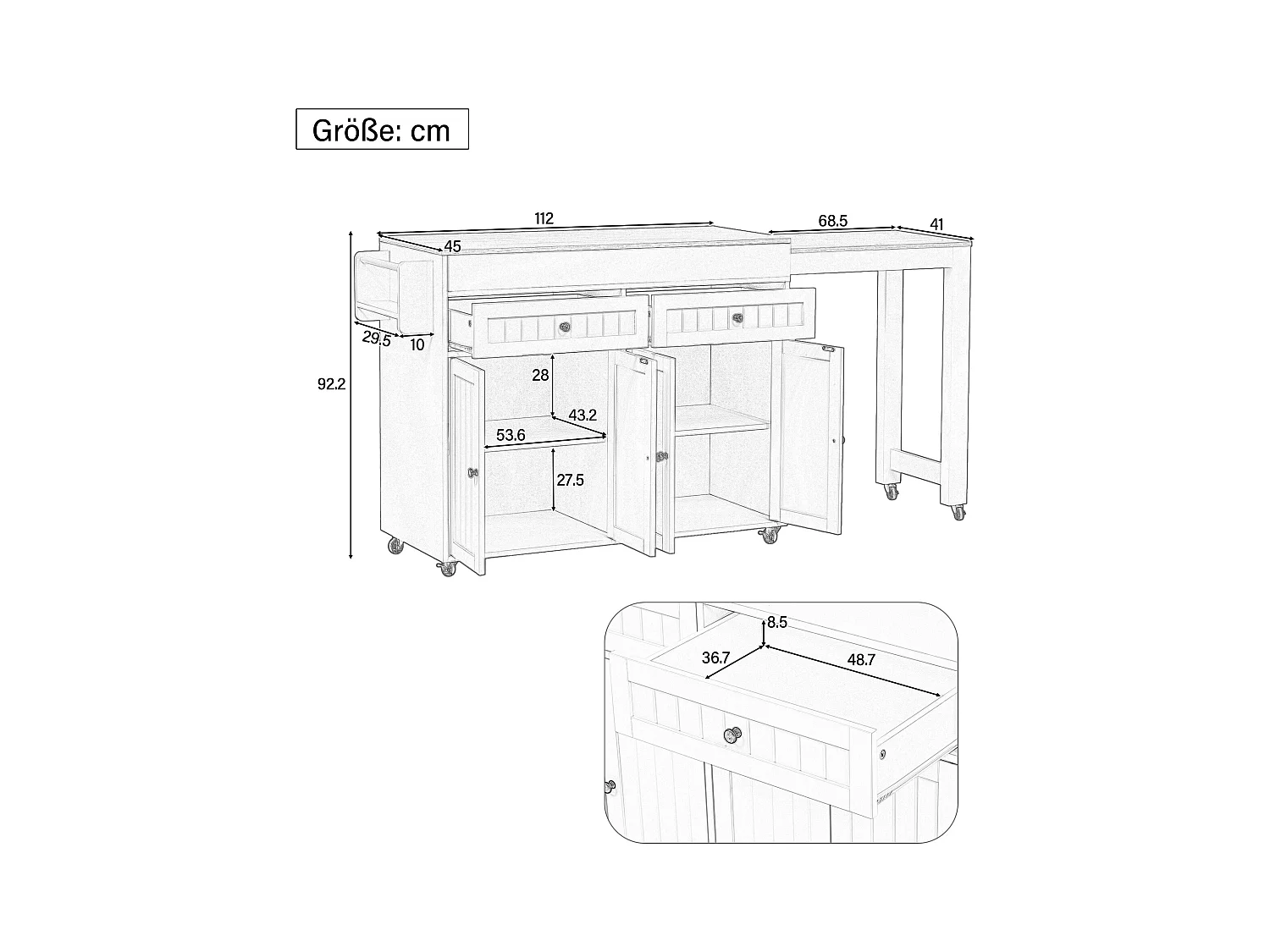 Îlot central sur roulettes - extensible avec plan de travail + 2 tiroirs - MDF - blanc + marron