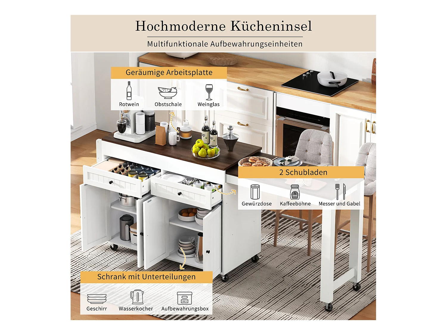 Îlot central sur roulettes - extensible avec plan de travail + 2 tiroirs - MDF - blanc + marron
