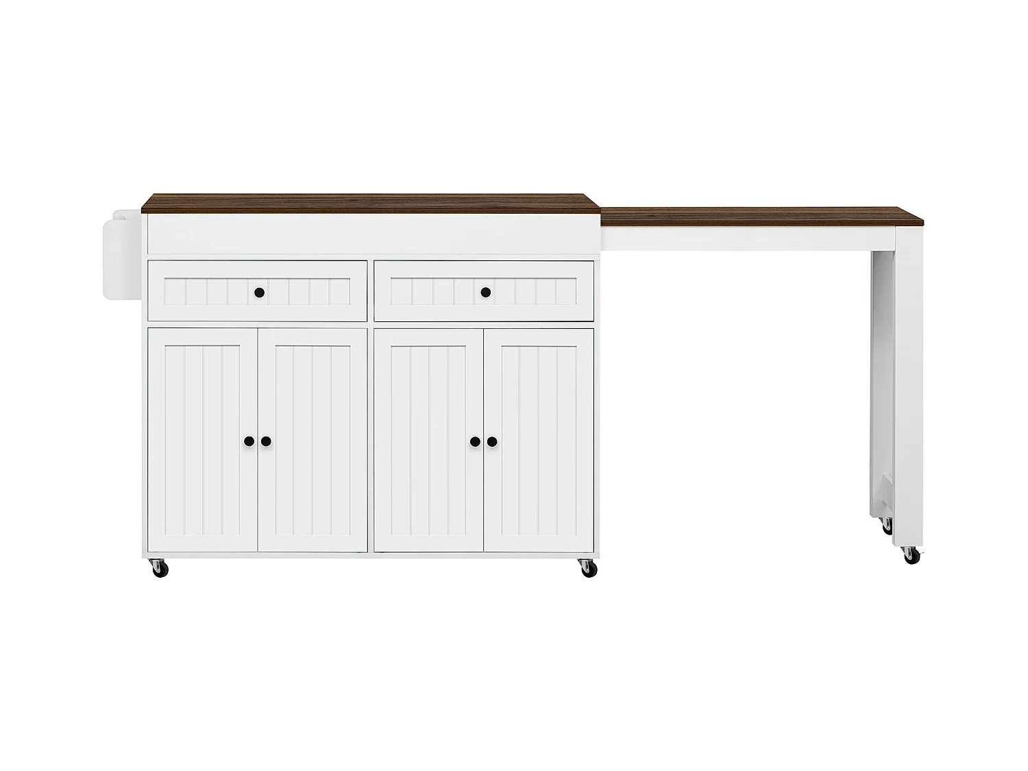 Îlot central sur roulettes - extensible avec plan de travail + 2 tiroirs - MDF - blanc + marron