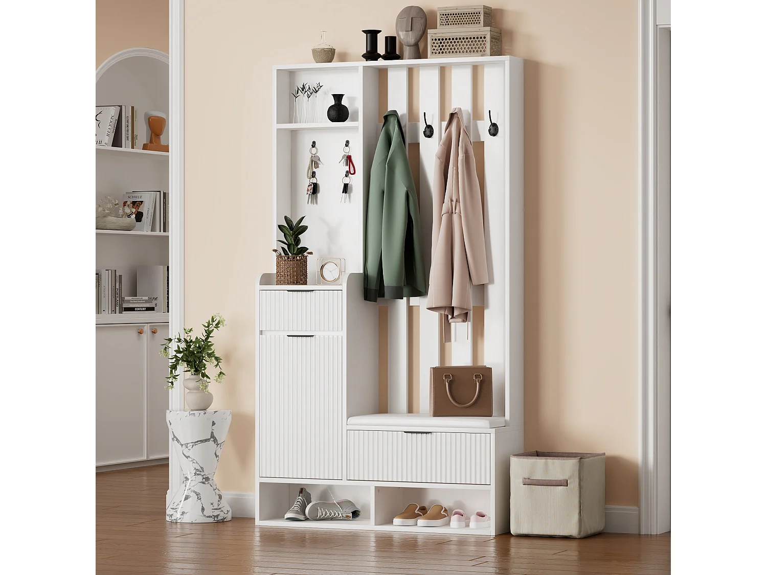 Wieszak 6 w 1 - 100 x 30 x 180 cm - z 8 haczykami + ławka na buty + szuflady - płyta wiórowa - biały