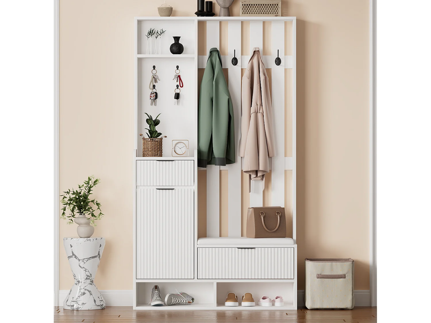 Wieszak 6 w 1 - 100 x 30 x 180 cm - z 8 haczykami + ławka na buty + szuflady - płyta wiórowa - biały