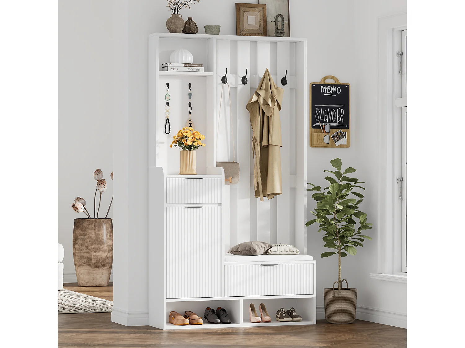 Wieszak 6 w 1 - 100 x 30 x 180 cm - z 8 haczykami + ławka na buty + szuflady - płyta wiórowa - biały