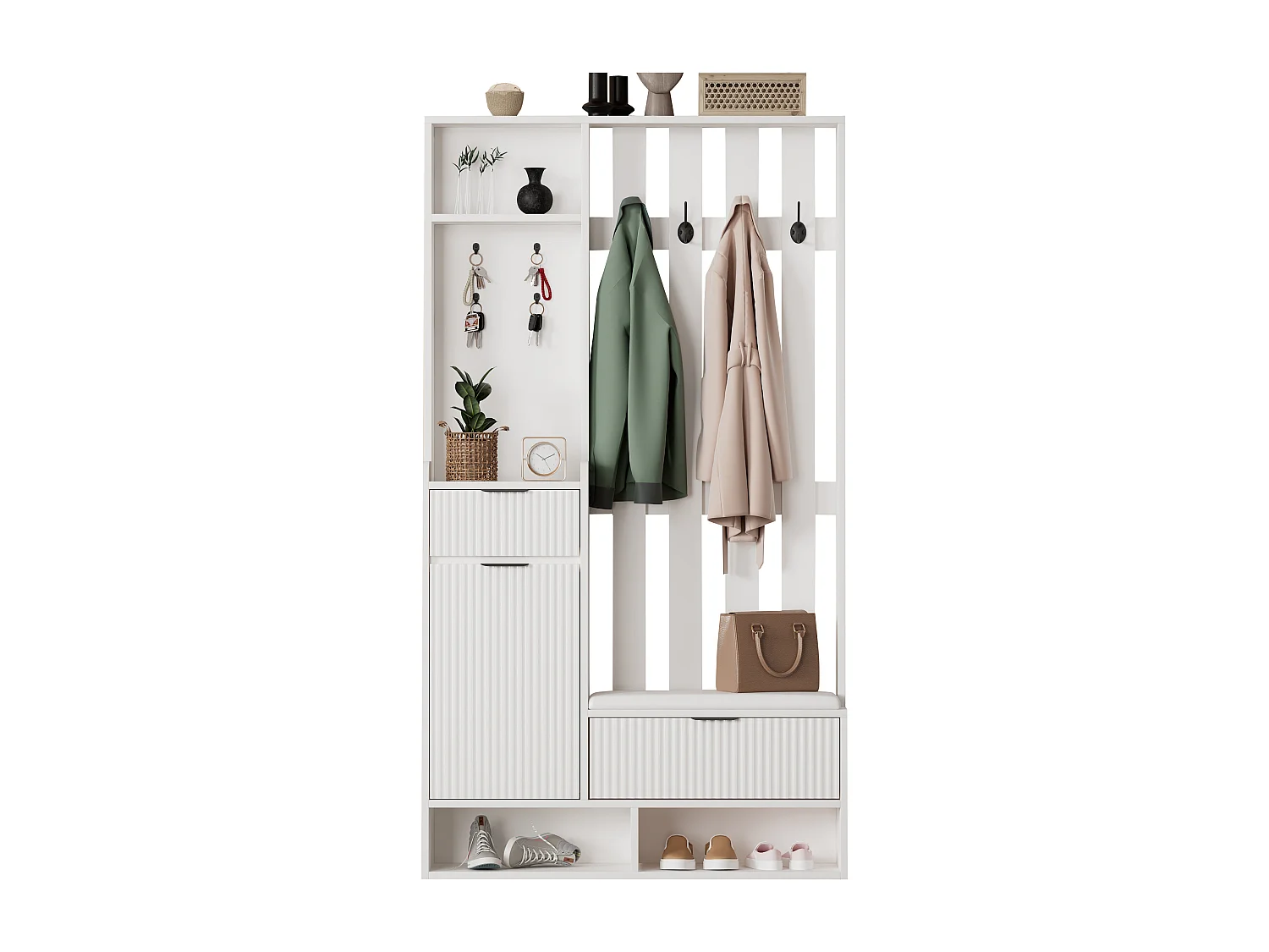 Wieszak 6 w 1 - 100 x 30 x 180 cm - z 8 haczykami + ławka na buty + szuflady - płyta wiórowa - biały