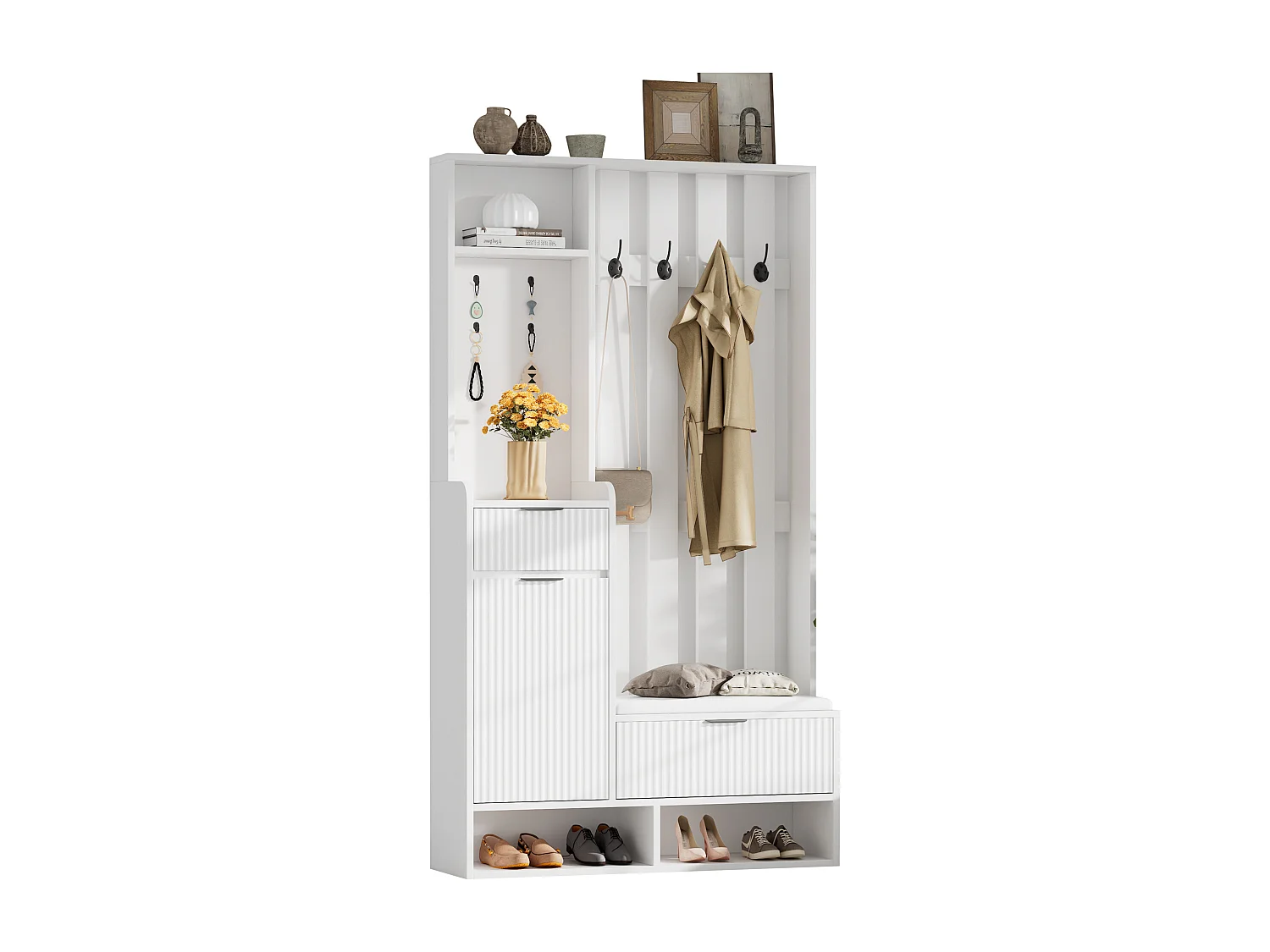 Wieszak 6 w 1 - 100 x 30 x 180 cm - z 8 haczykami + ławka na buty + szuflady - płyta wiórowa - biały