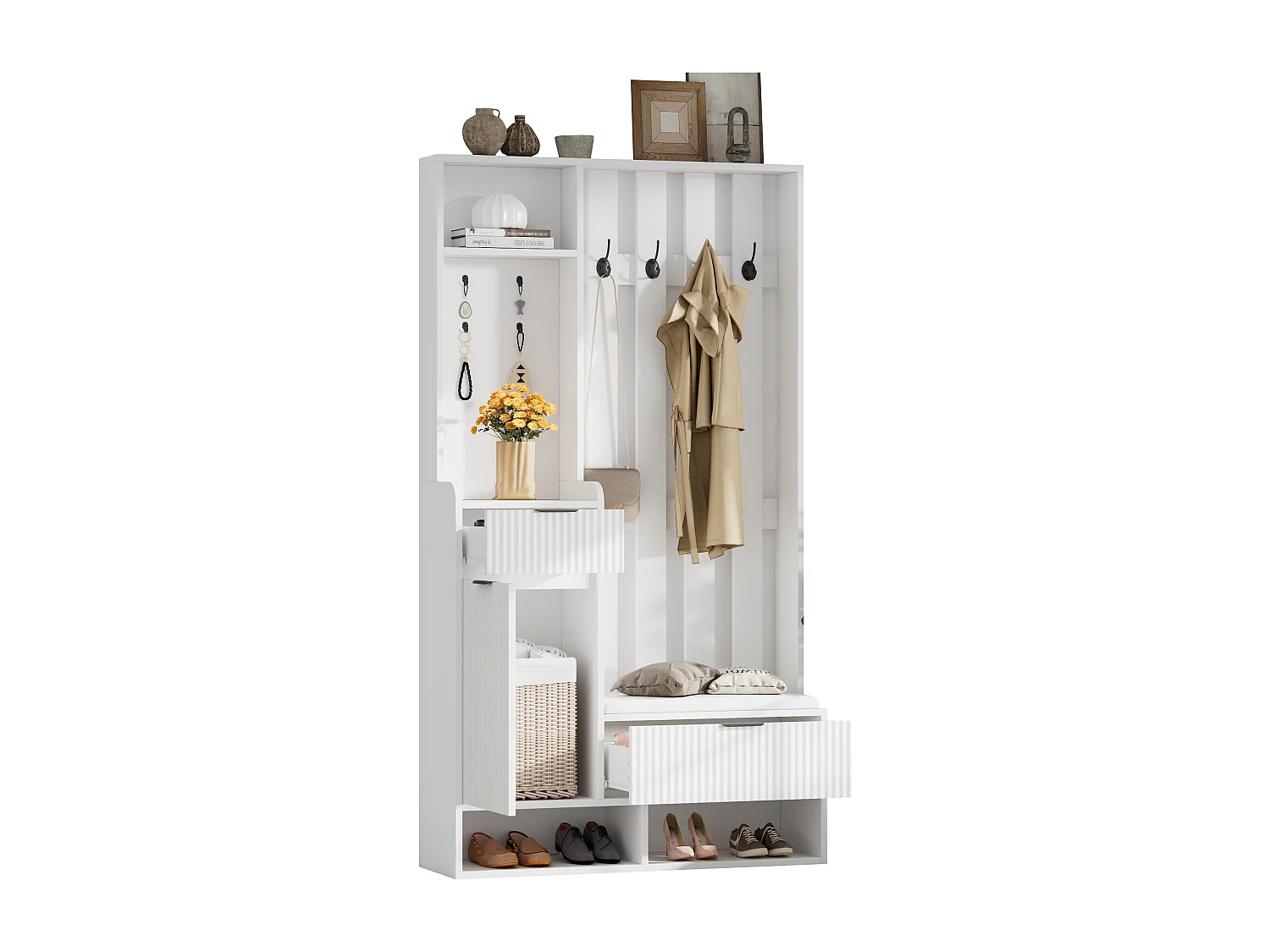 Wieszak 6 w 1 - 100 x 30 x 180 cm - z 8 haczykami + ławka na buty + szuflady - płyta wiórowa - biały