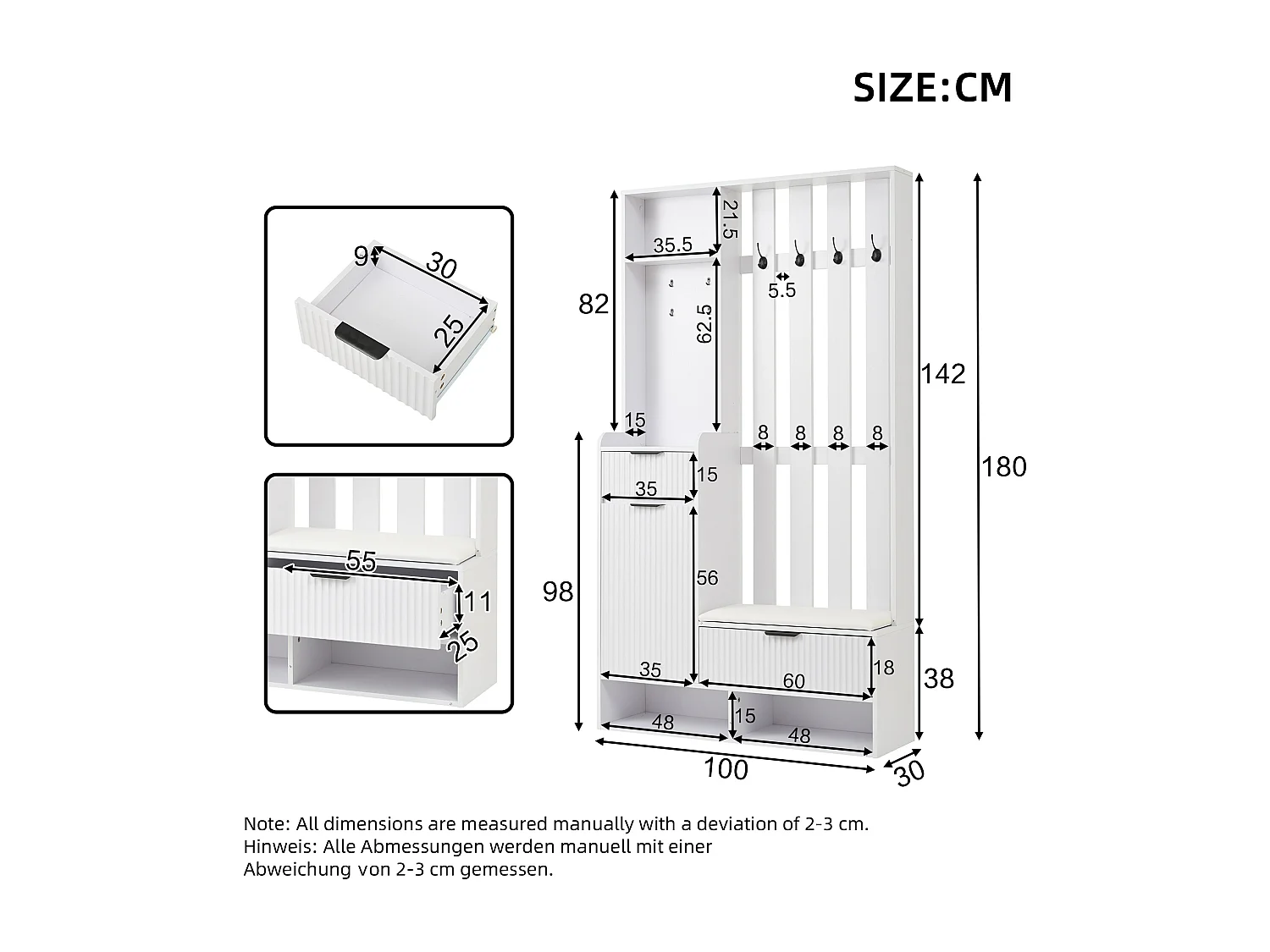 Wieszak 6 w 1 - 100 x 30 x 180 cm - z 8 haczykami + ławka na buty + szuflady - płyta wiórowa - biały